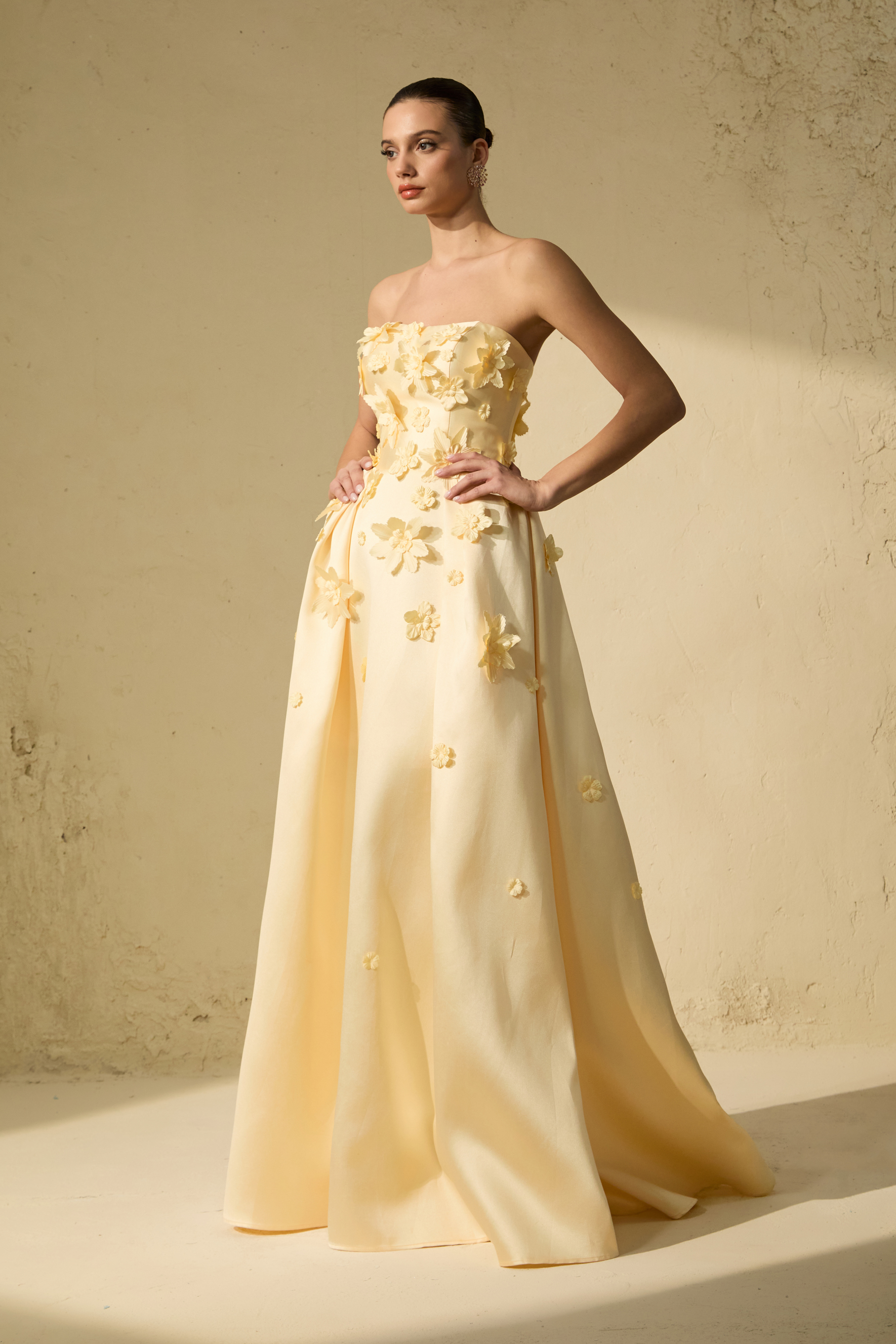 Glittering Icon Yellow Floral Applique Strapless Maxi Dress