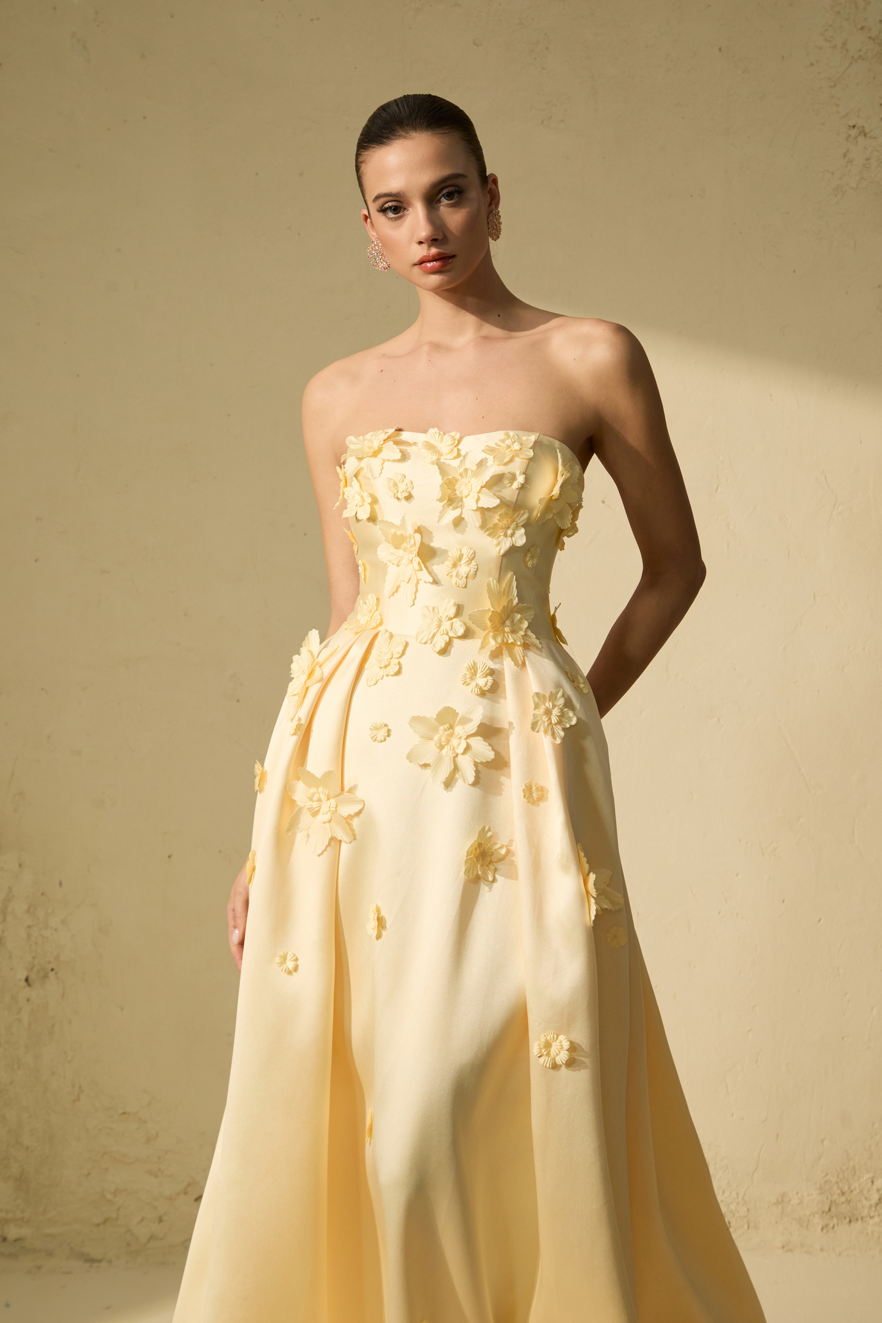 Glittering Icon Yellow Floral Applique Strapless Maxi Dress