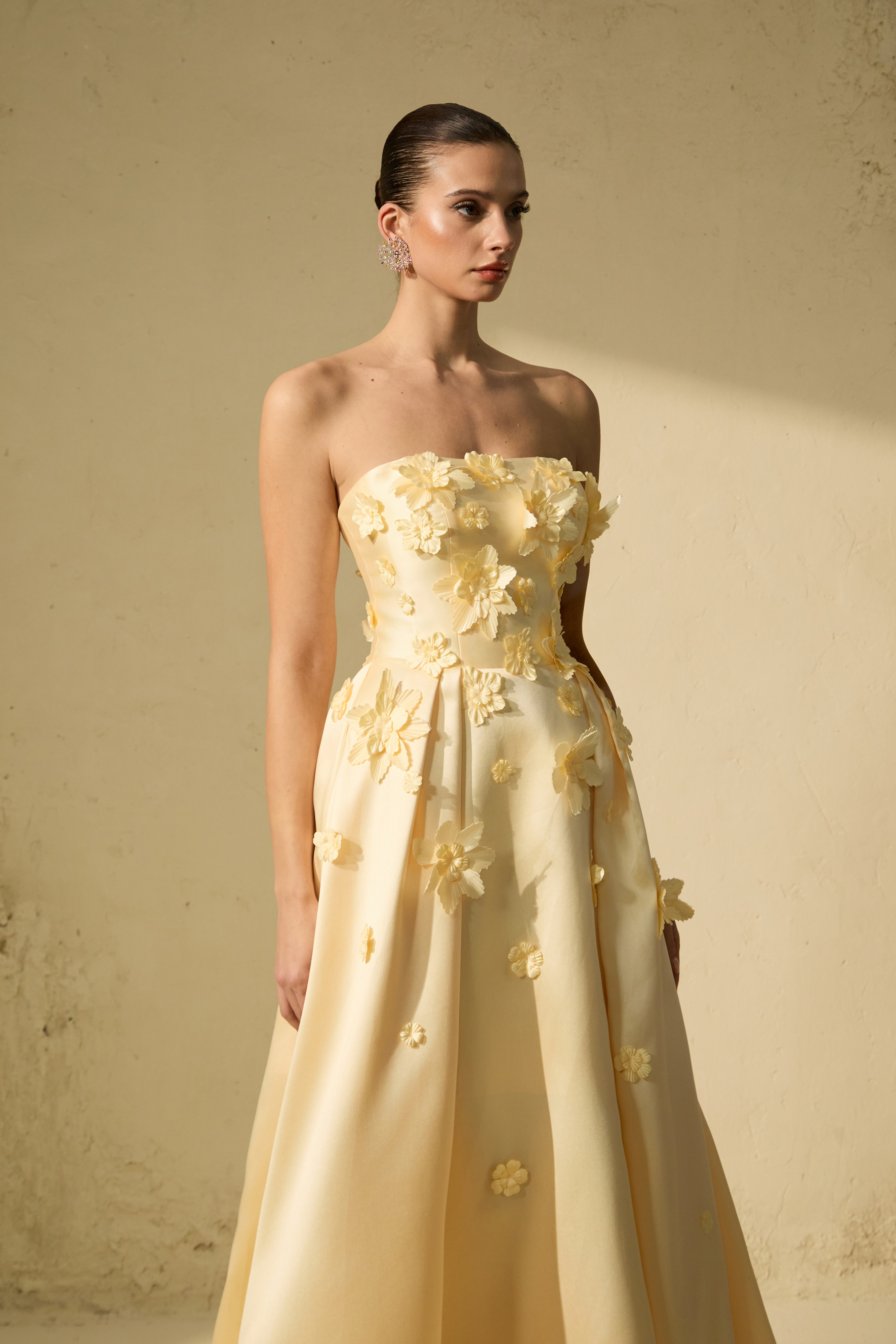 Glittering Icon Yellow Floral Applique Strapless Maxi Dress
