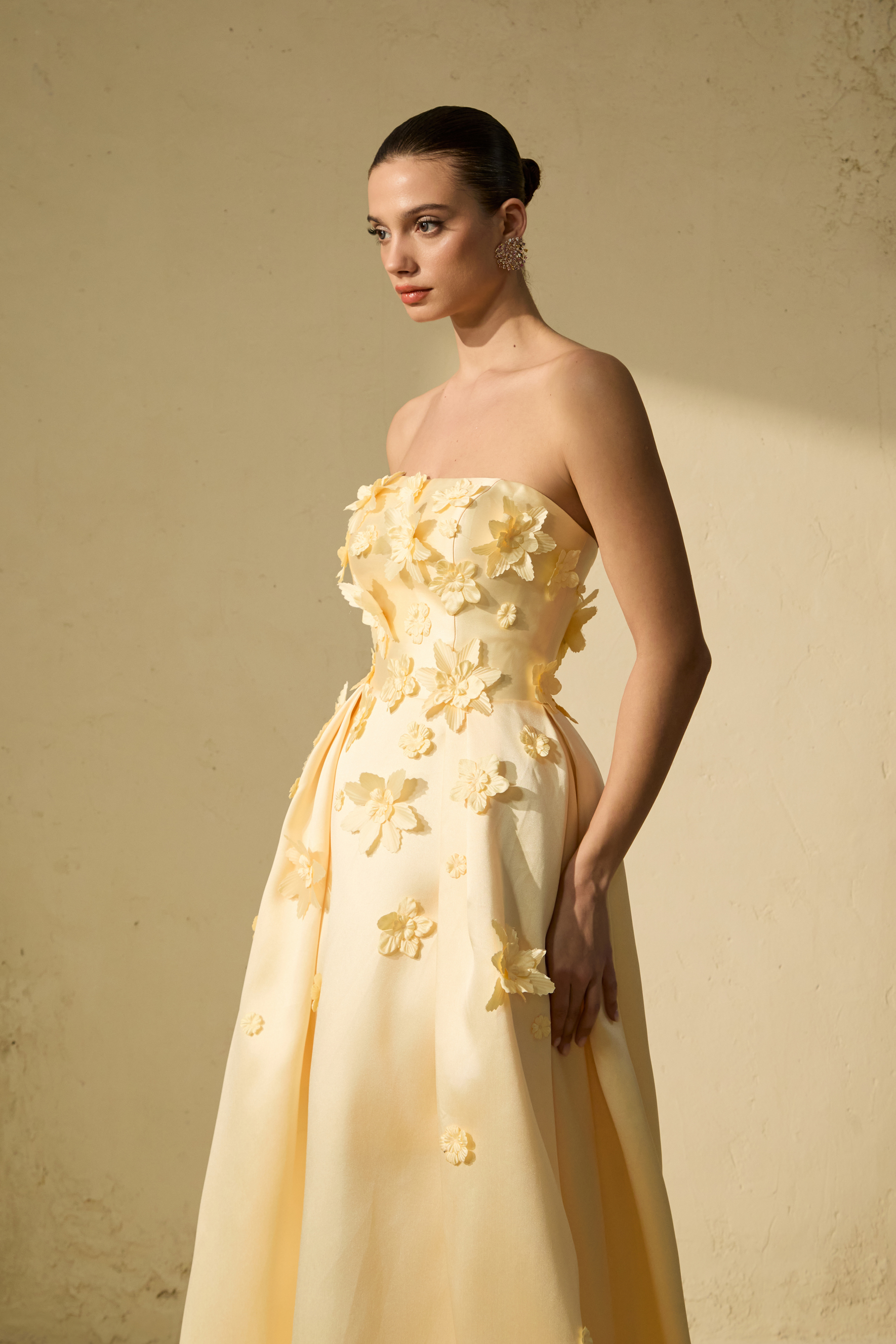 Glittering Icon Yellow Floral Applique Strapless Maxi Dress