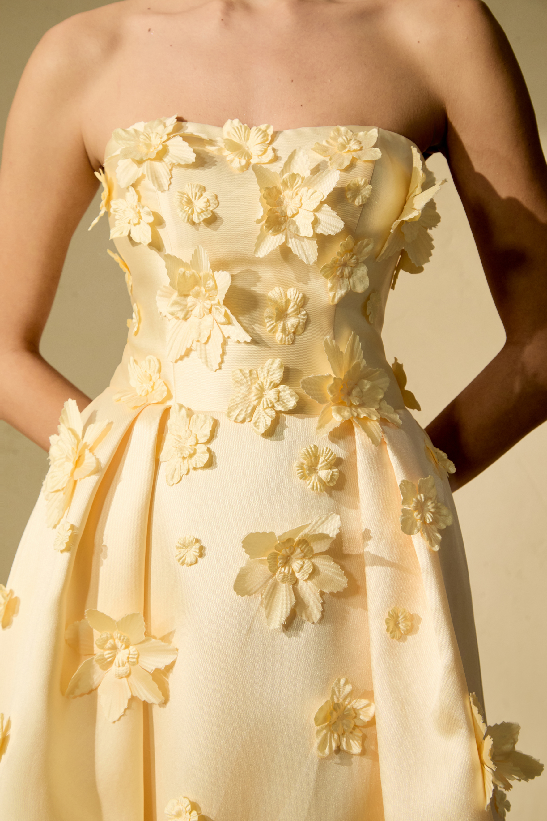 Glittering Icon Yellow Floral Applique Strapless Maxi Dress