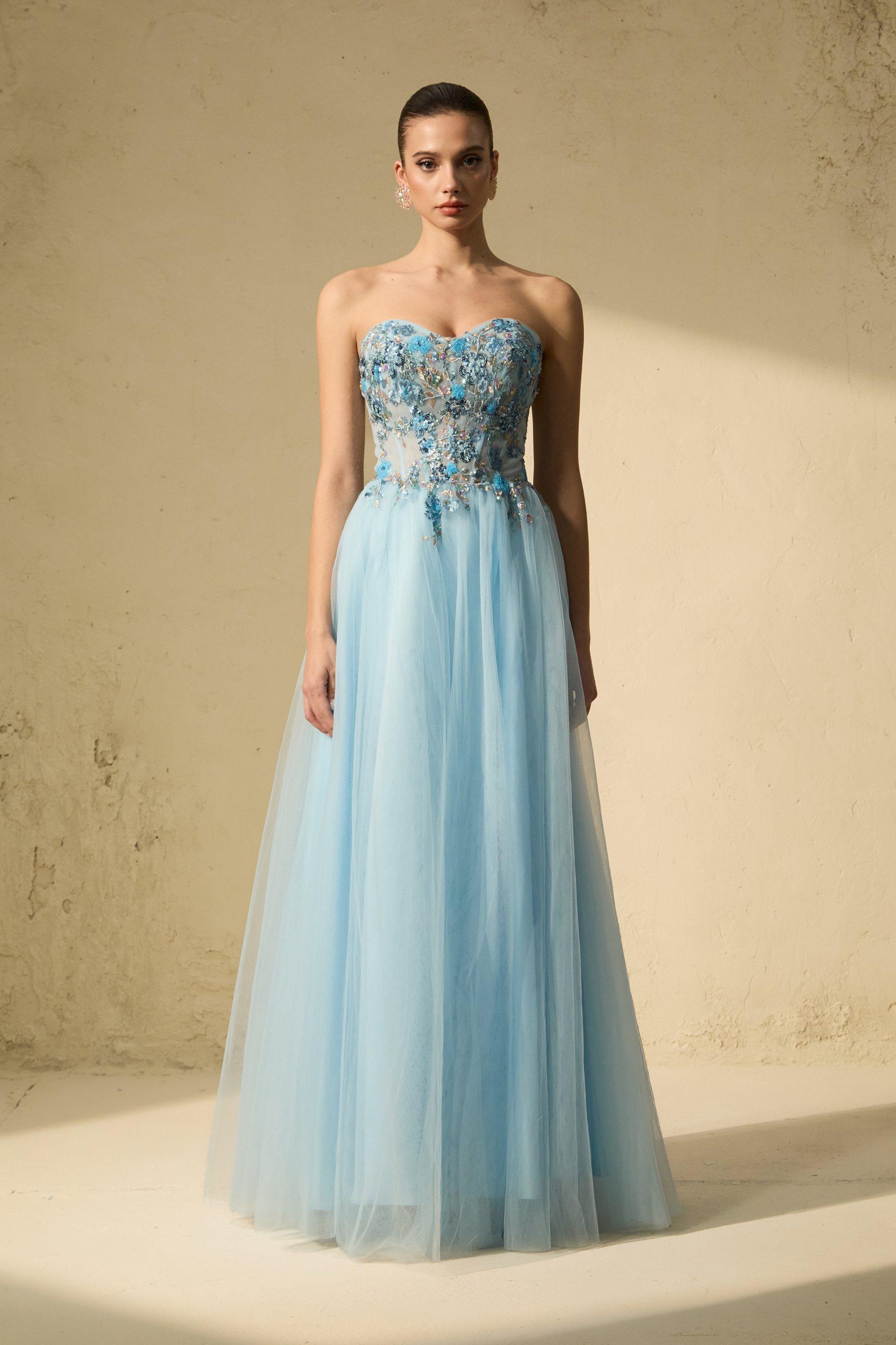 Special Moment Blue Embroidered Strapless Tulle Maxi Dress