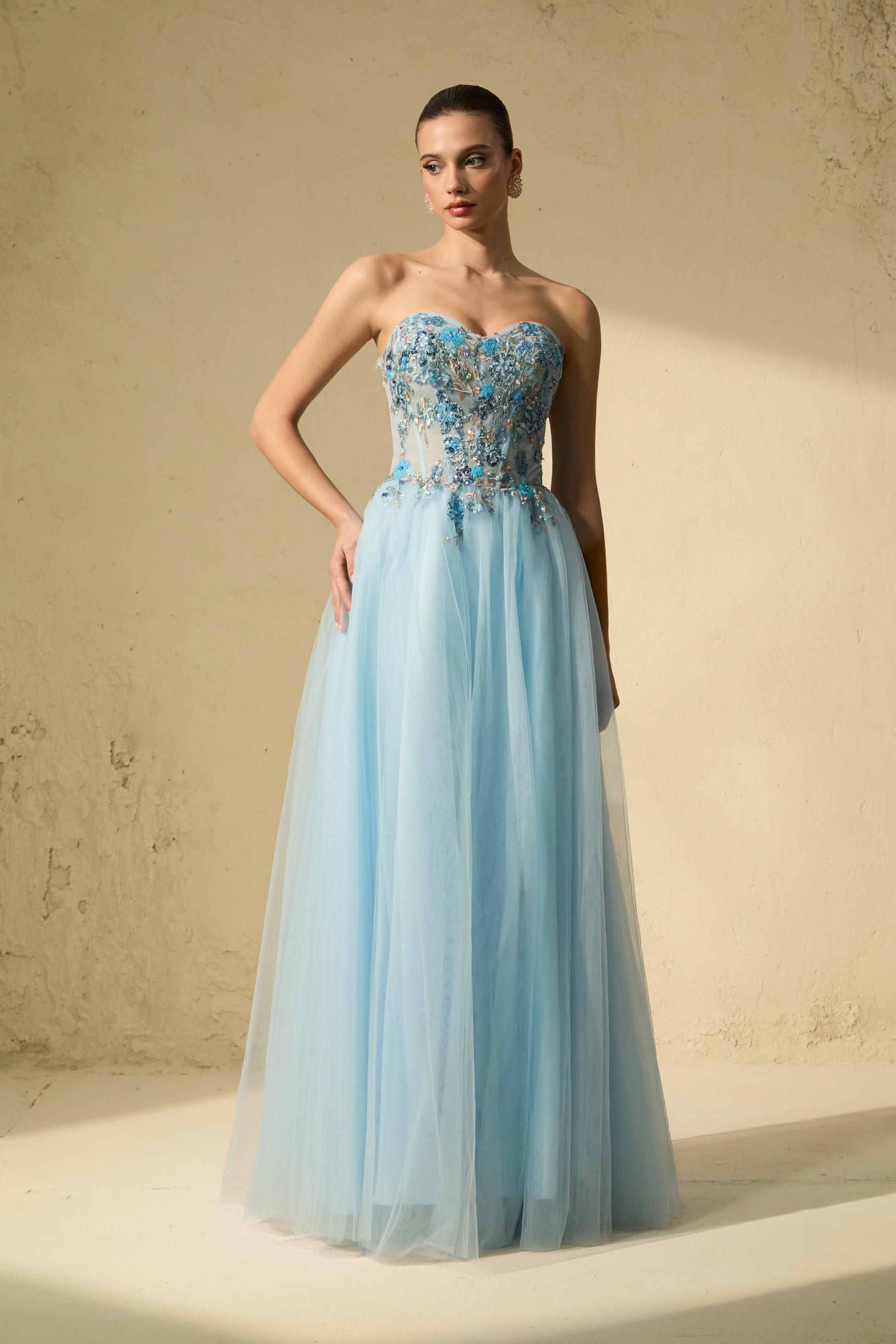 Special Moment Blue Embroidered Strapless Tulle Maxi Dress