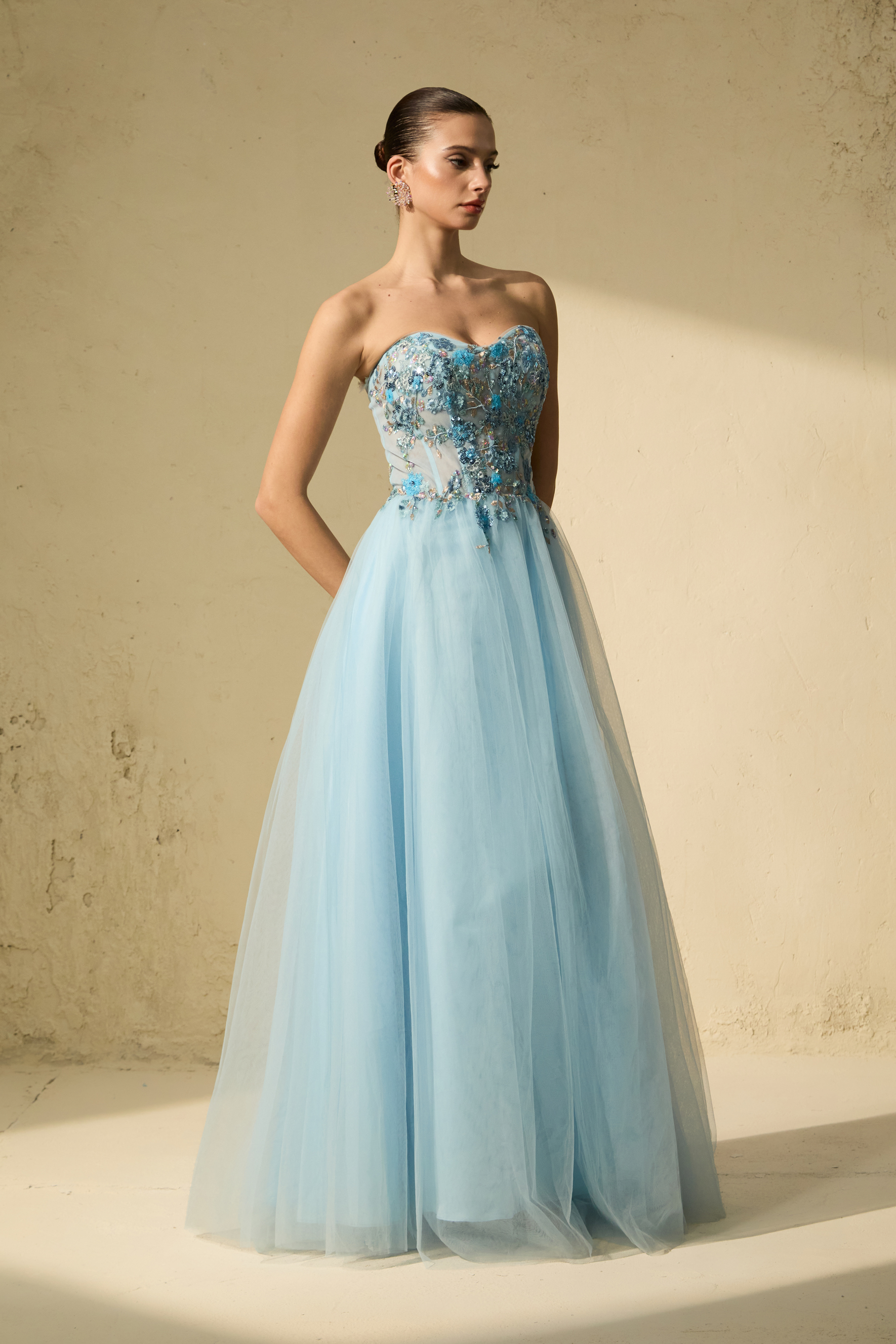 Special Moment Blue Embroidered Strapless Tulle Maxi Dress