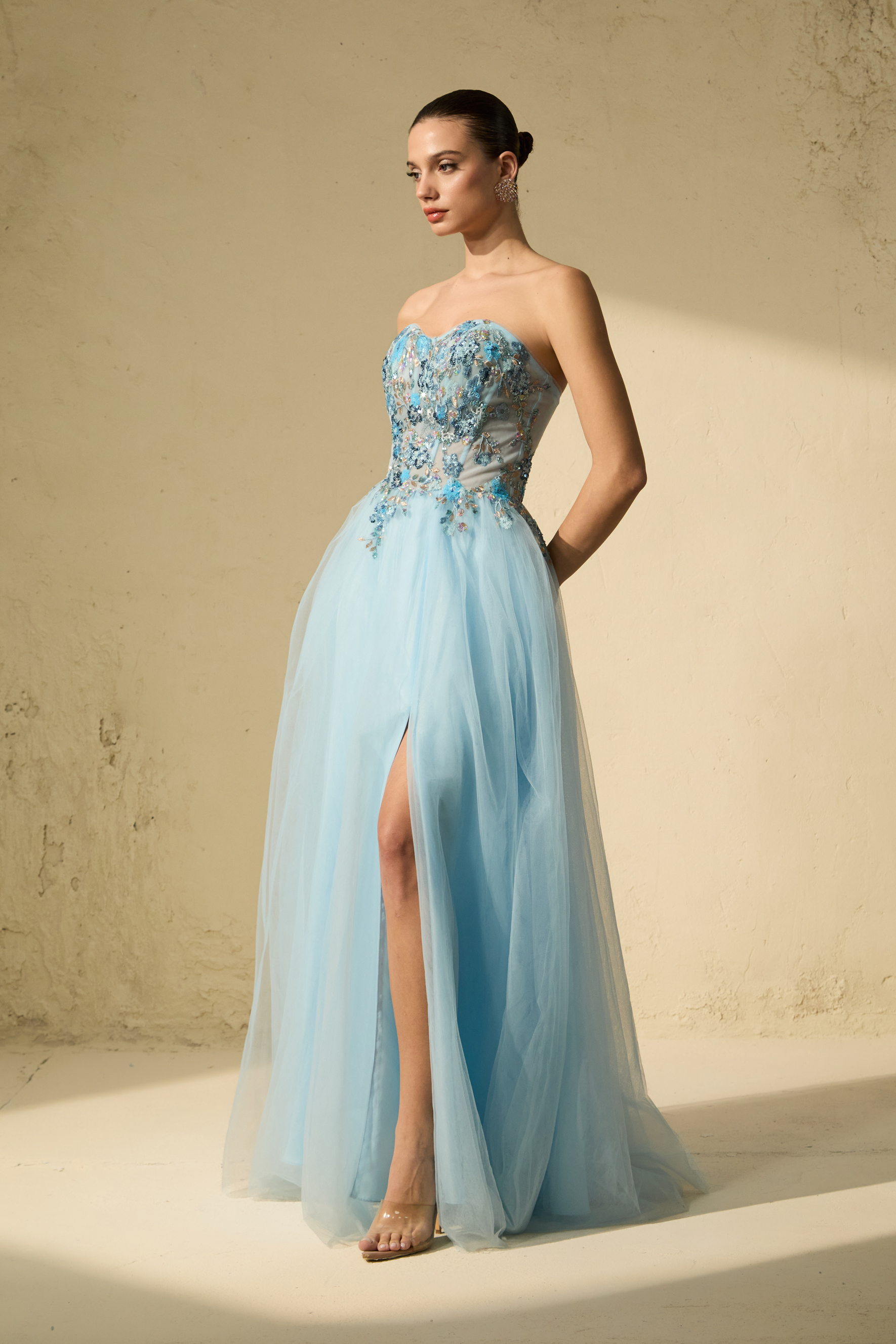 Special Moment Blue Embroidered Strapless Tulle Maxi Dress