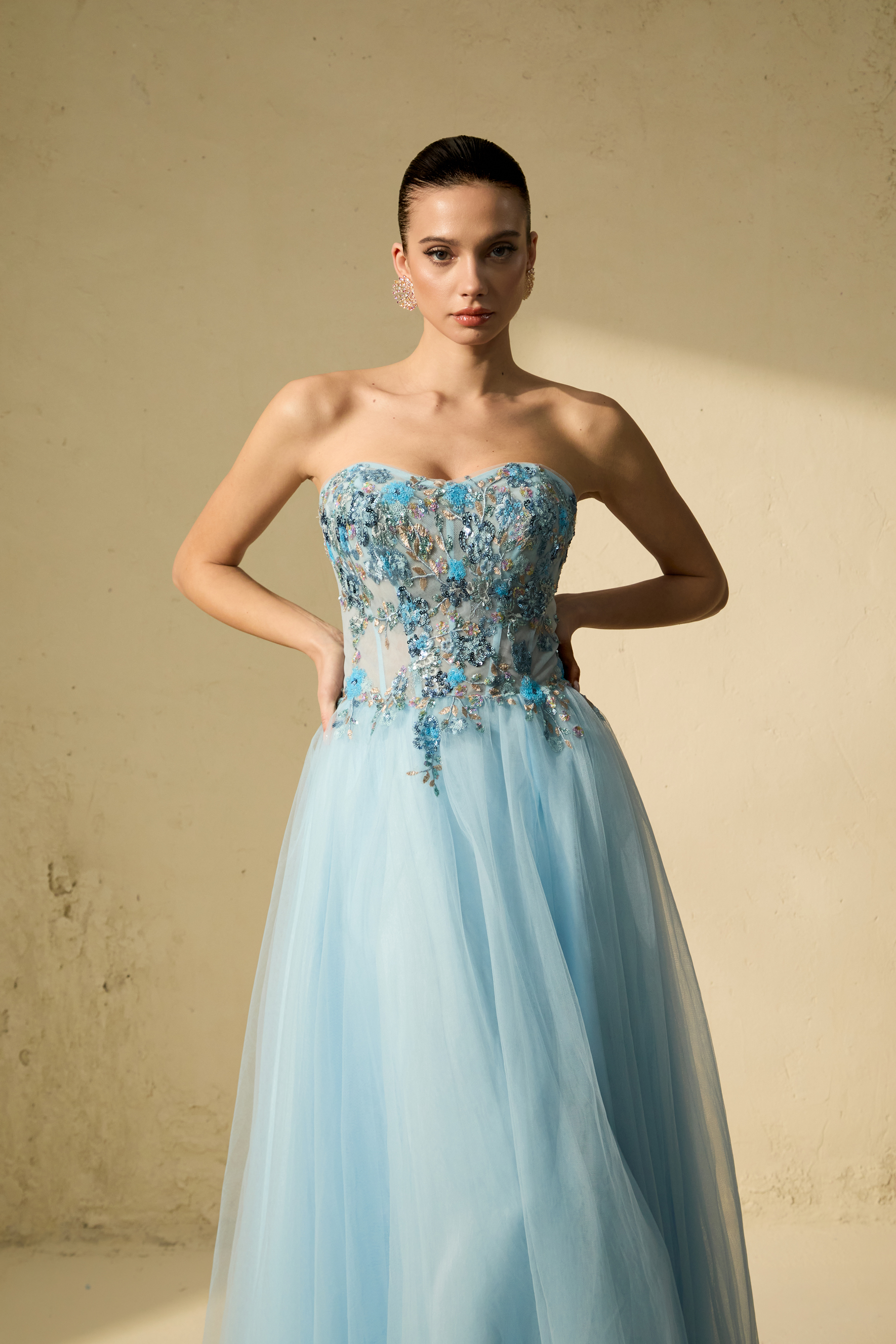 Special Moment Blue Embroidered Strapless Tulle Maxi Dress