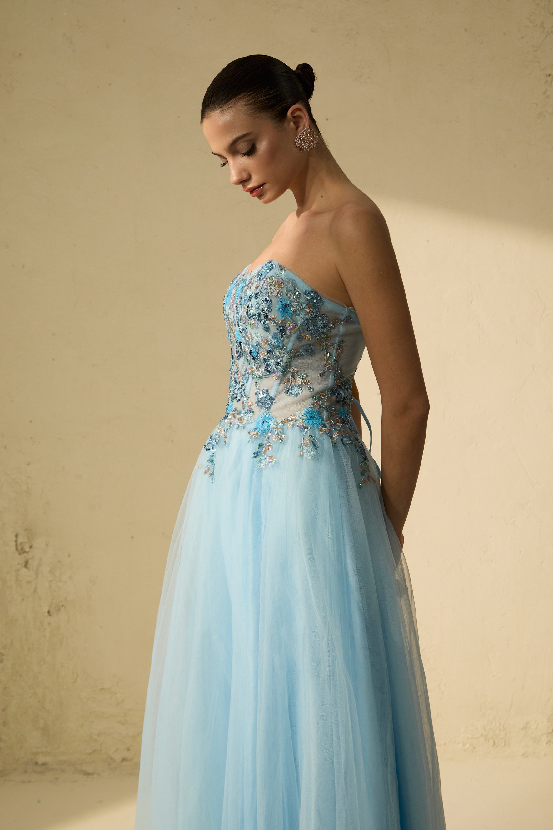 Special Moment Blue Embroidered Strapless Tulle Maxi Dress