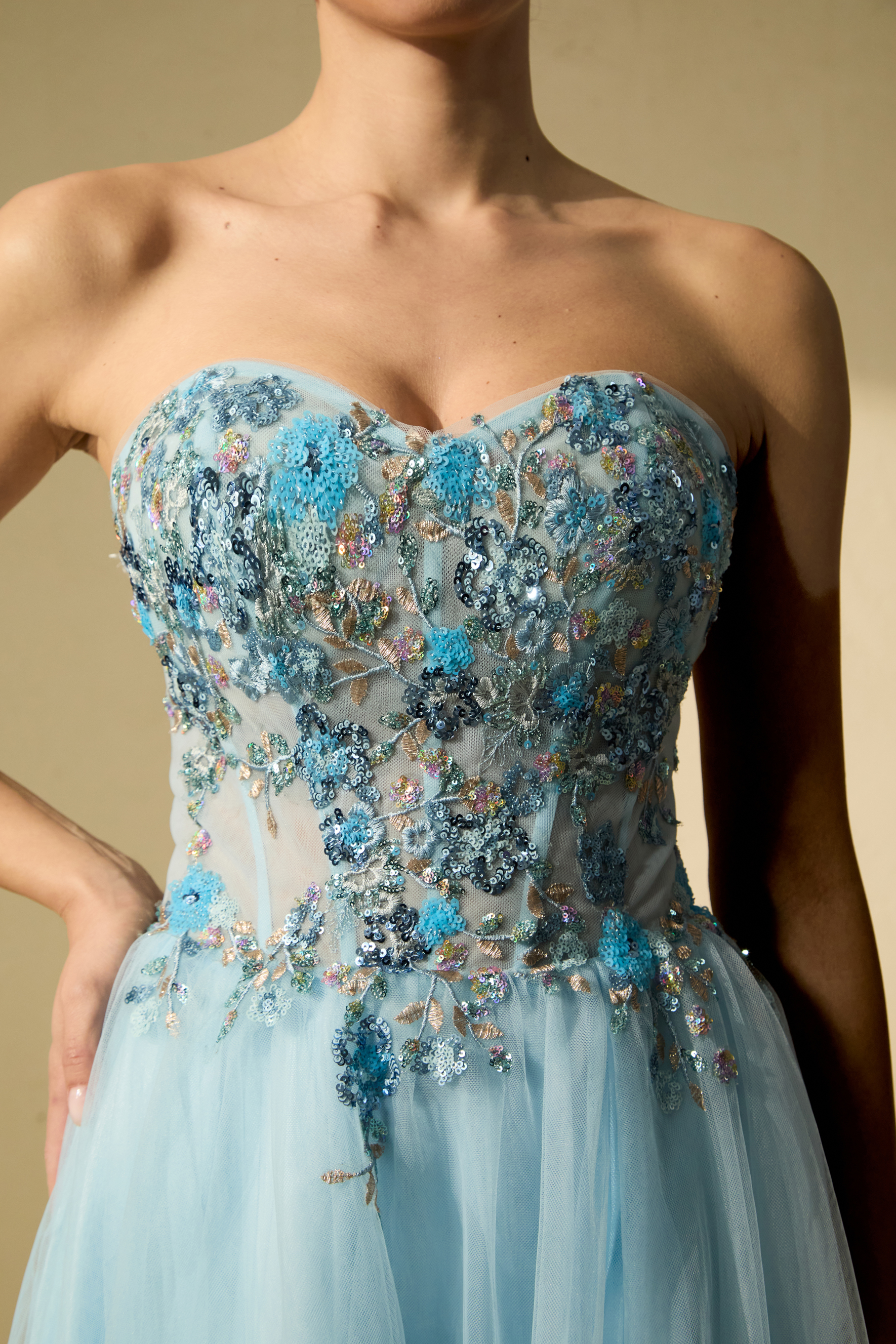 Special Moment Blue Embroidered Strapless Tulle Maxi Dress
