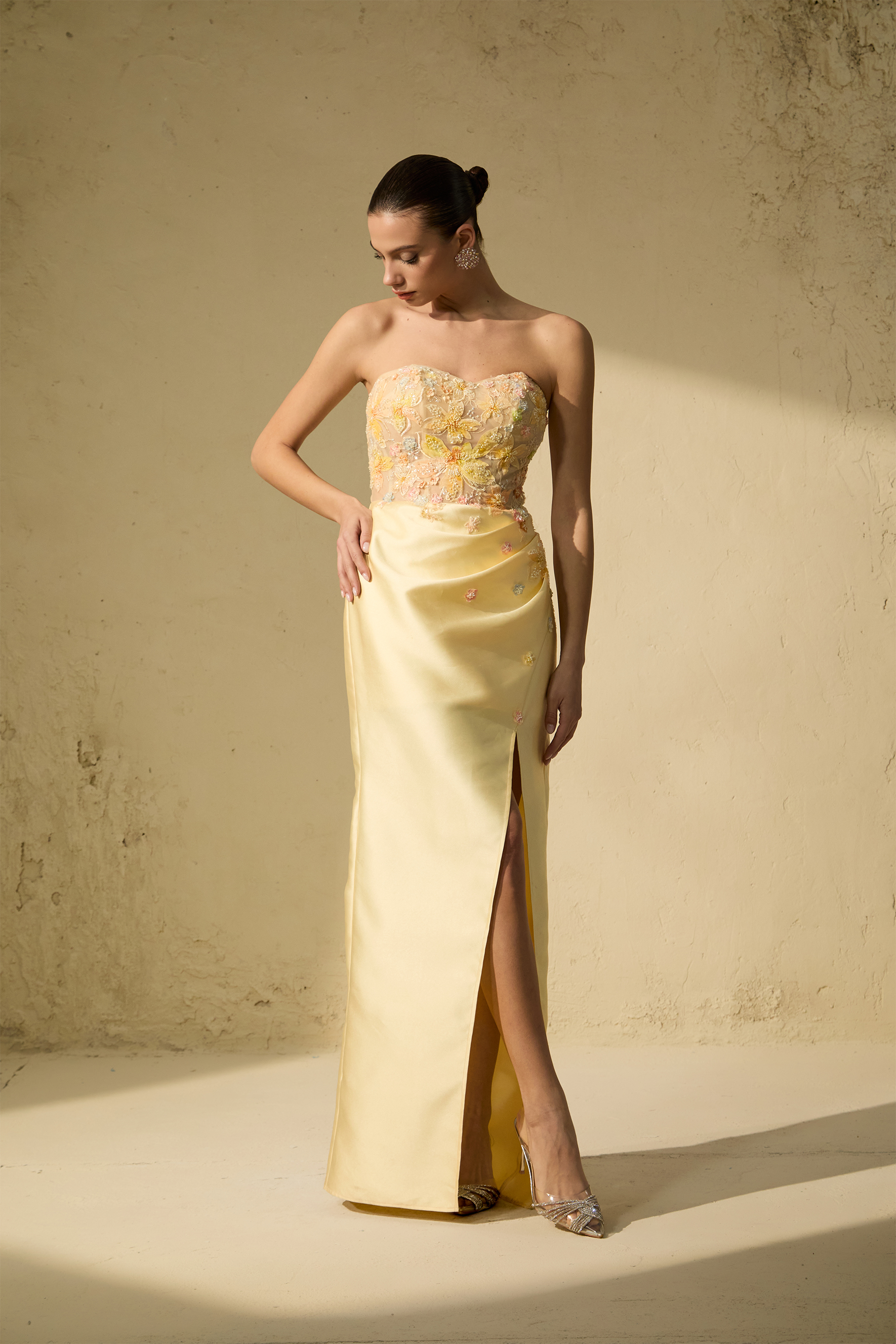 Isle De Luxe Yellow Floral Embrayed High Sbed Maxi Dress