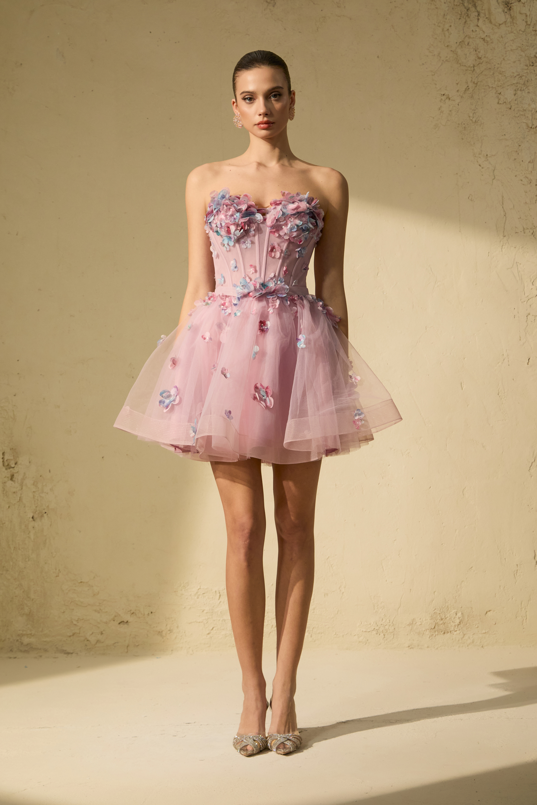 The Glam Purple Floral Applique Tulle Mini Dress