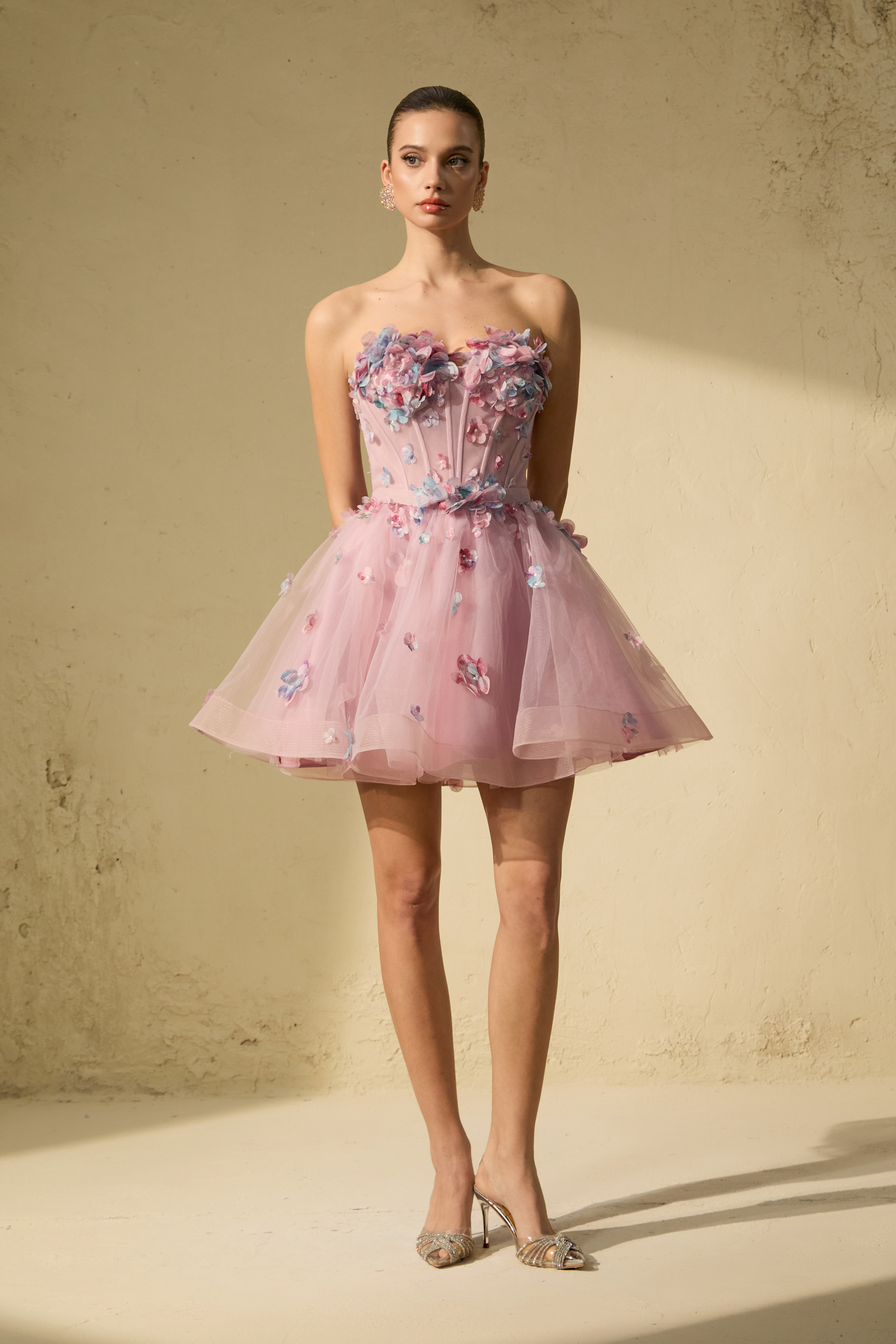 The Glam Purple Floral Applique Tulle Mini Dress