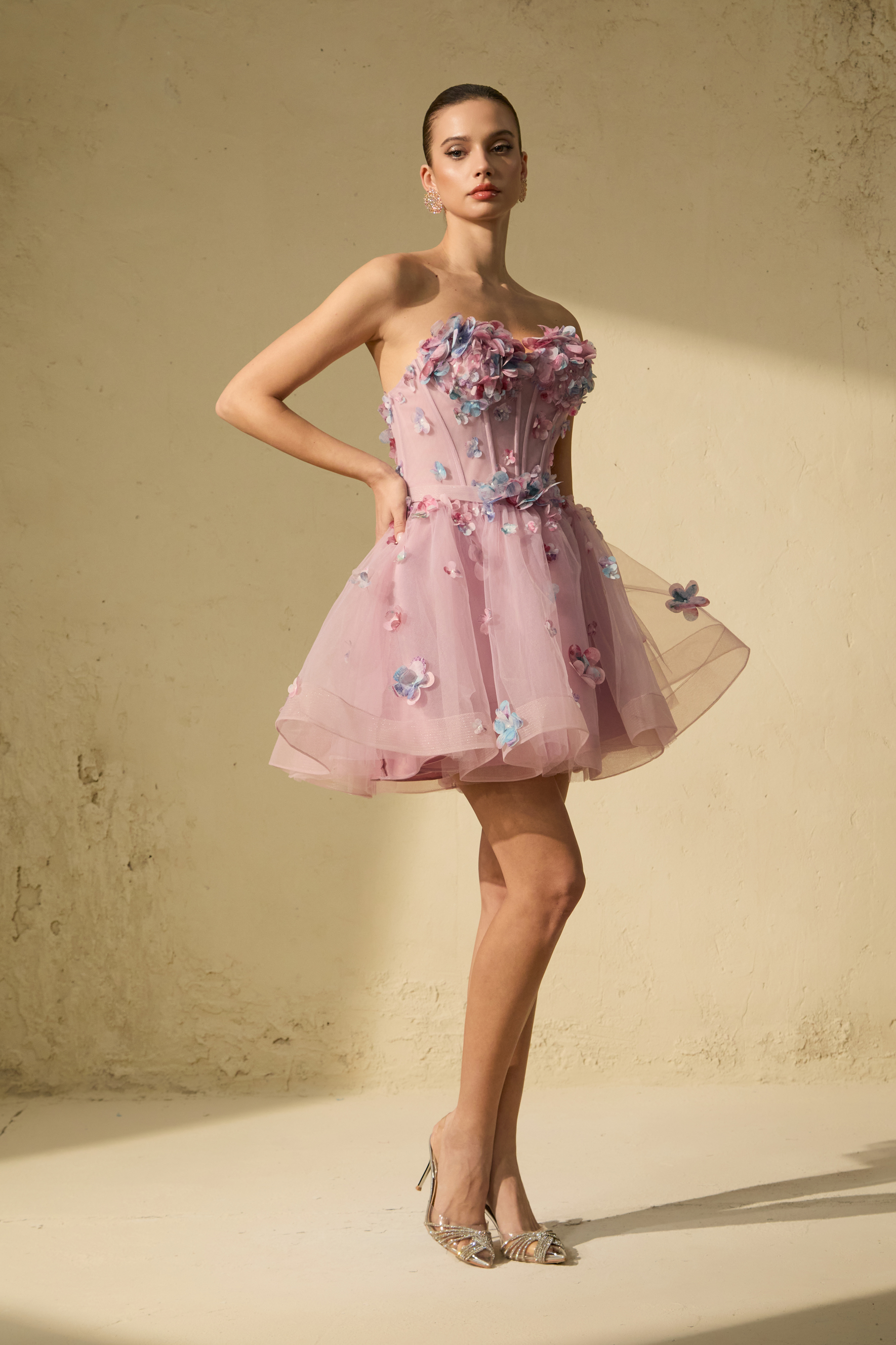 The Glam Purple Floral Applique Tulle Mini Dress
