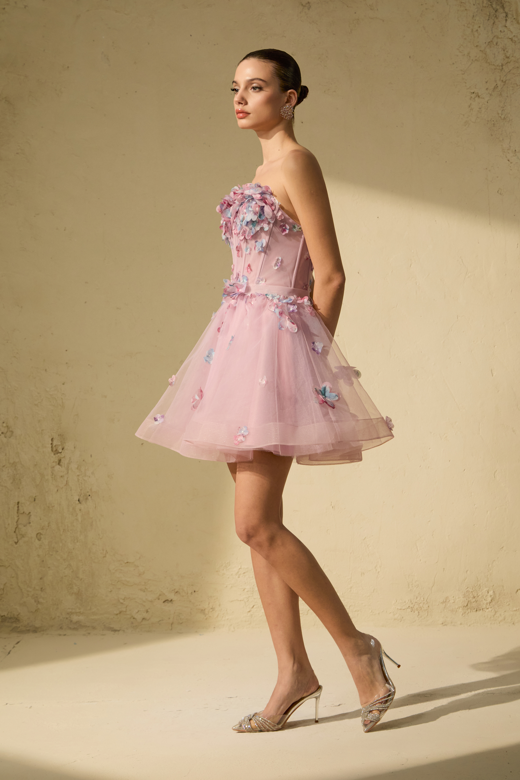 The Glam Purple Floral Applique Tulle Mini Dress