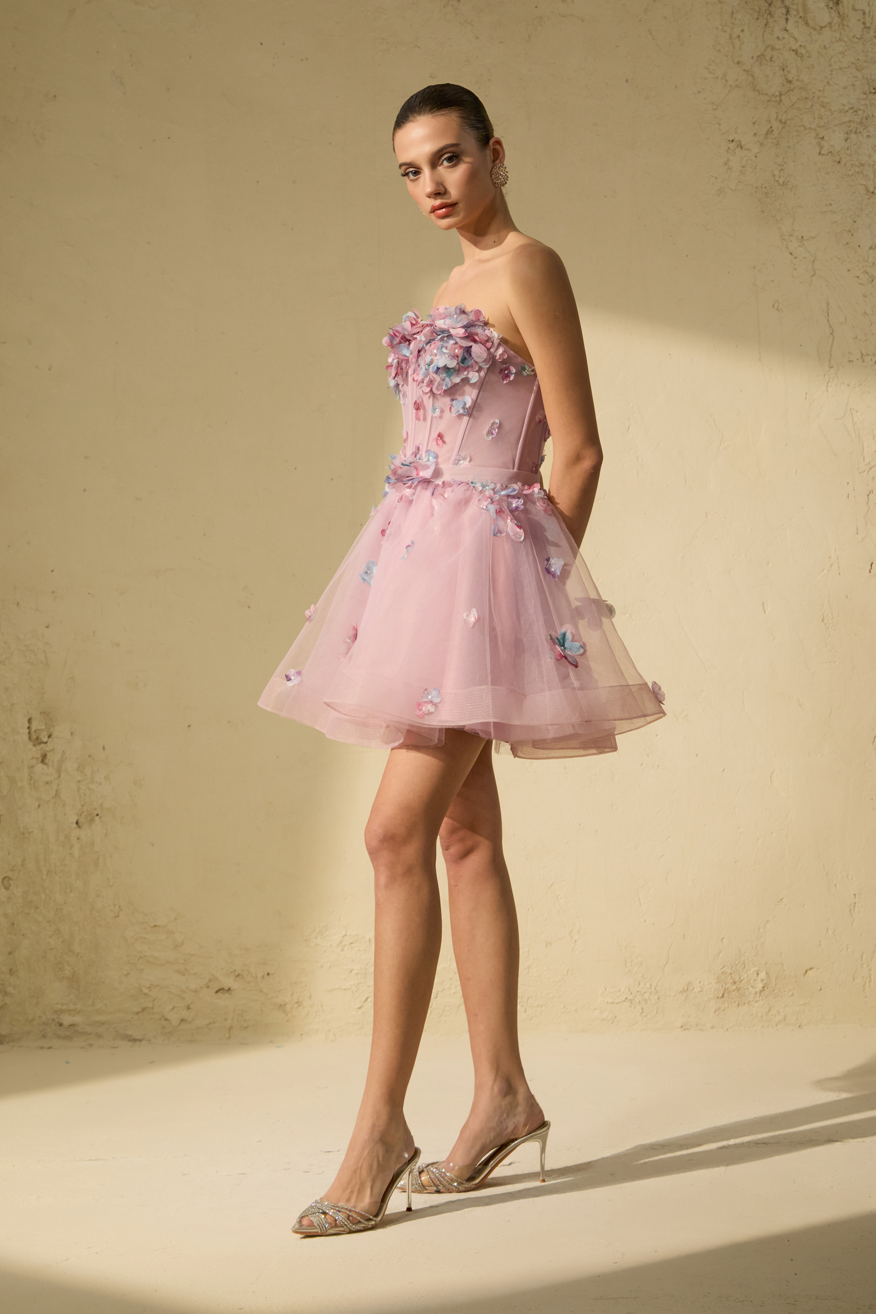 The Glam Purple Floral Applique Tulle Mini Dress