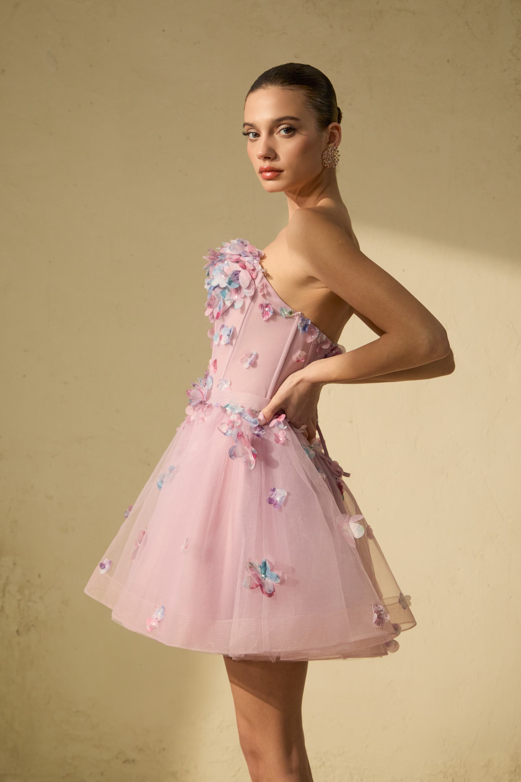 The Glam Purple Floral Applique Tulle Mini Dress