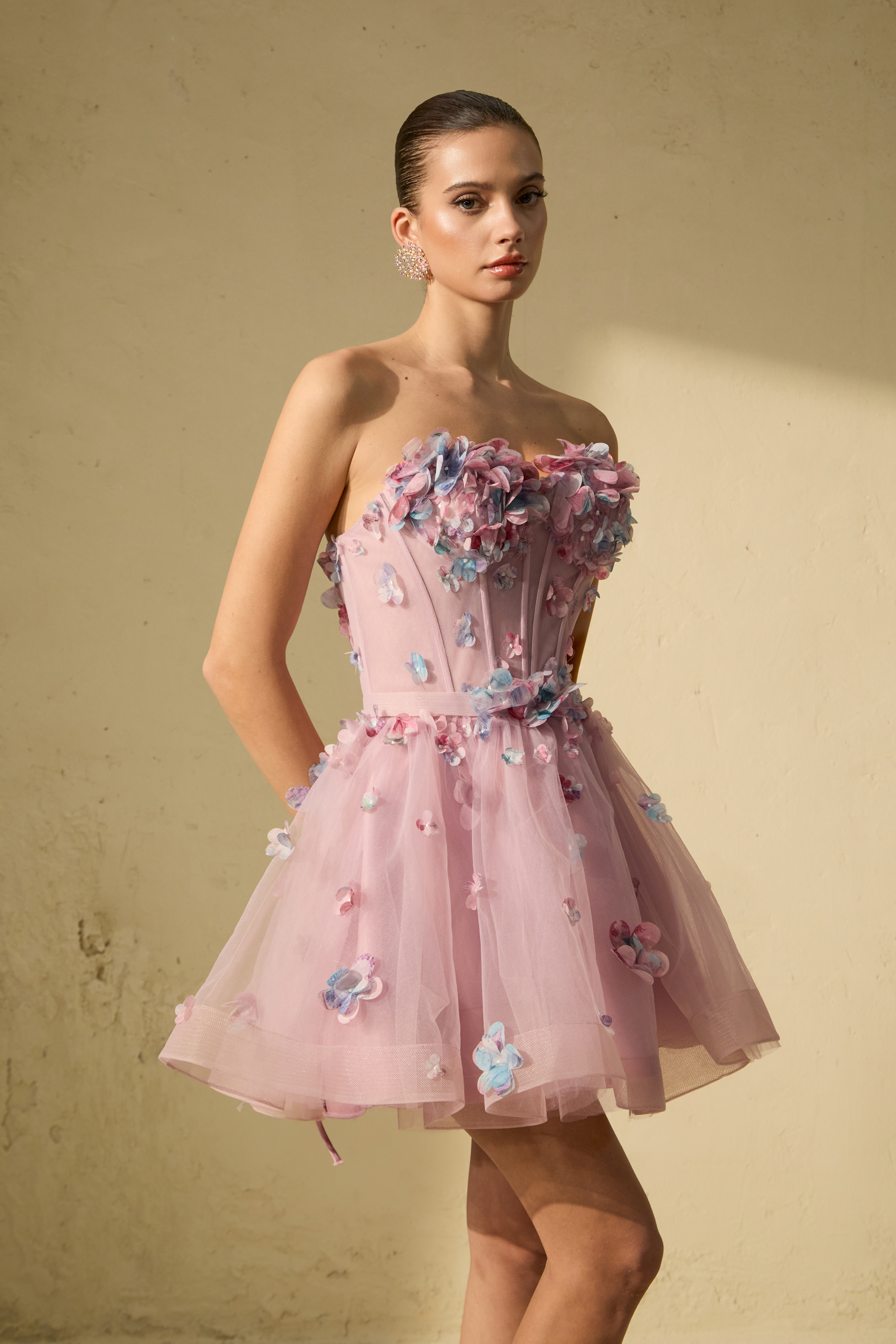 The Glam Purple Floral Applique Tulle Mini Dress