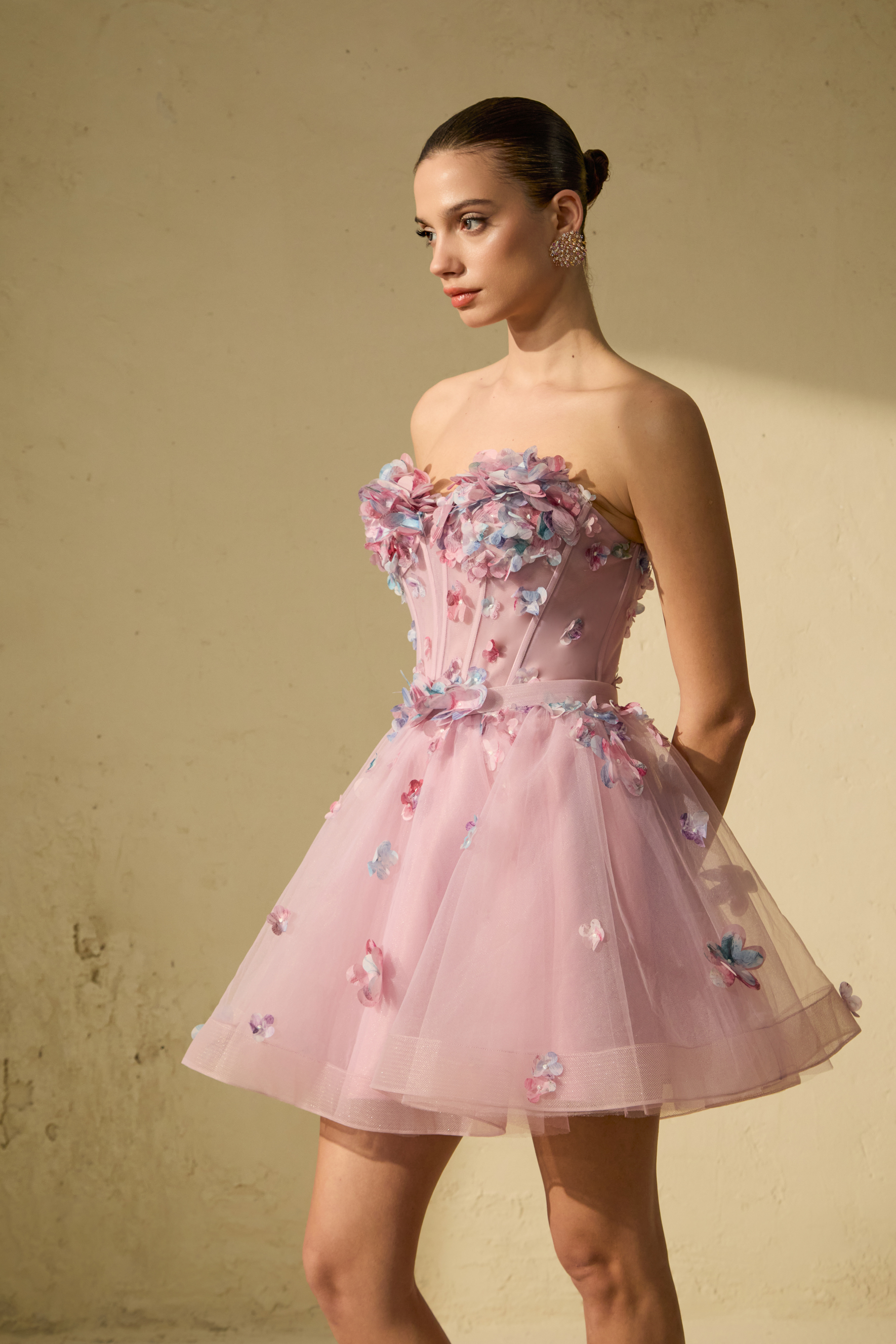 The Glam Purple Floral Applique Tulle Mini Dress