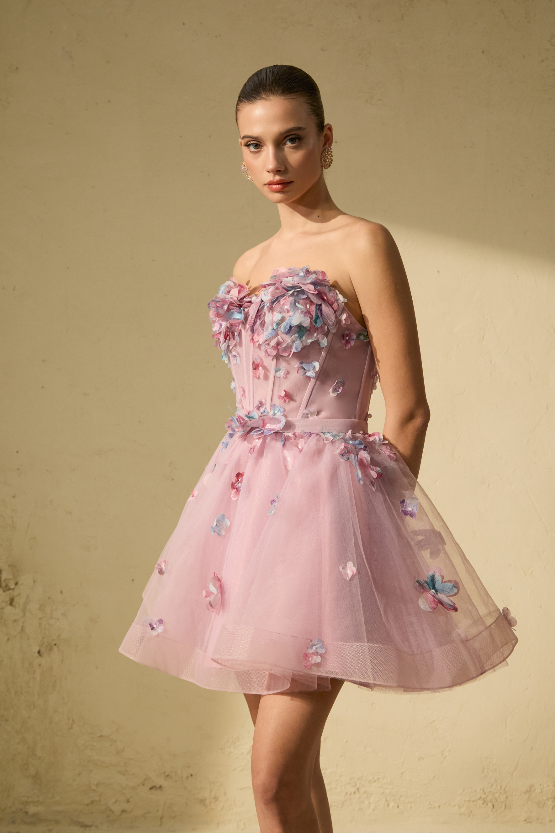 The Glam Purple Floral Applique Tulle Mini Dress