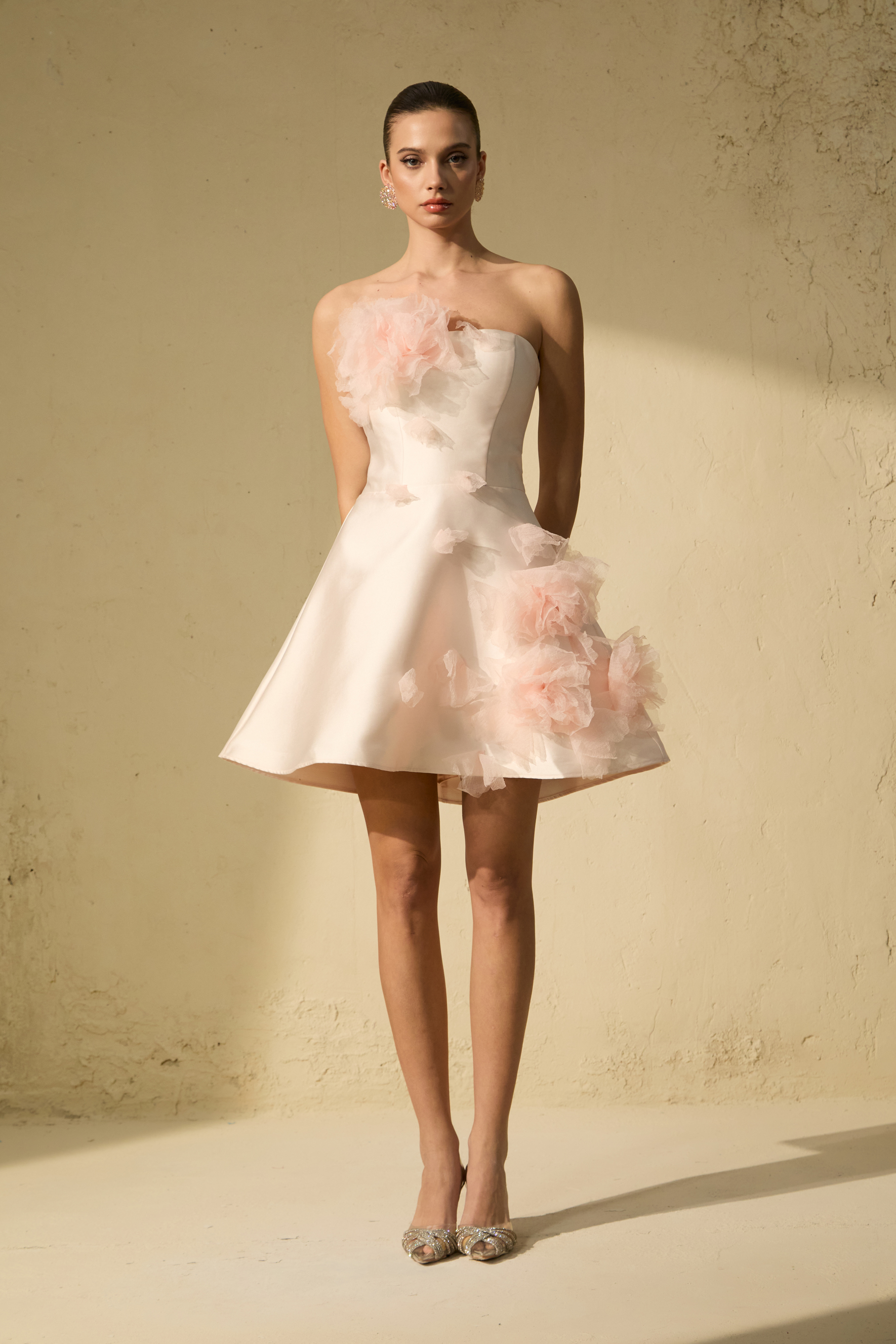 Garden Radiance Pink Floral Applique Strapless Mini Dress