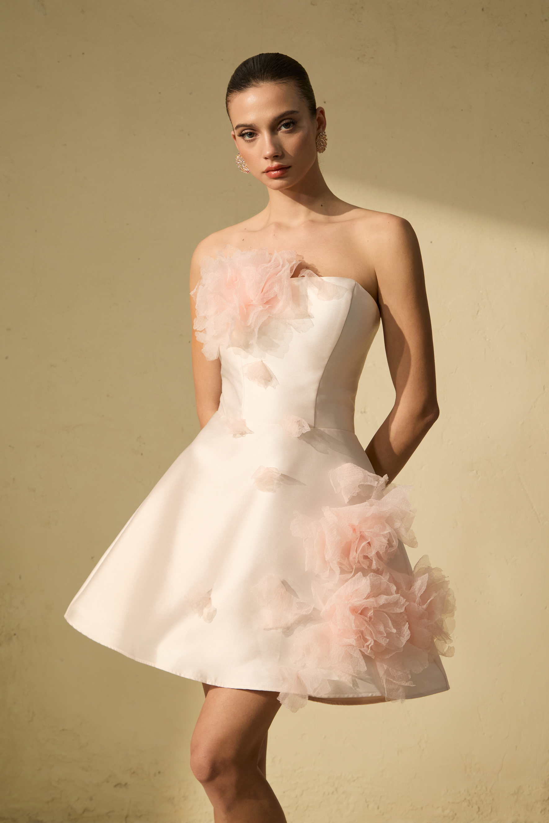 Garden Radiance Pink Floral Applique Strapless Mini Dress