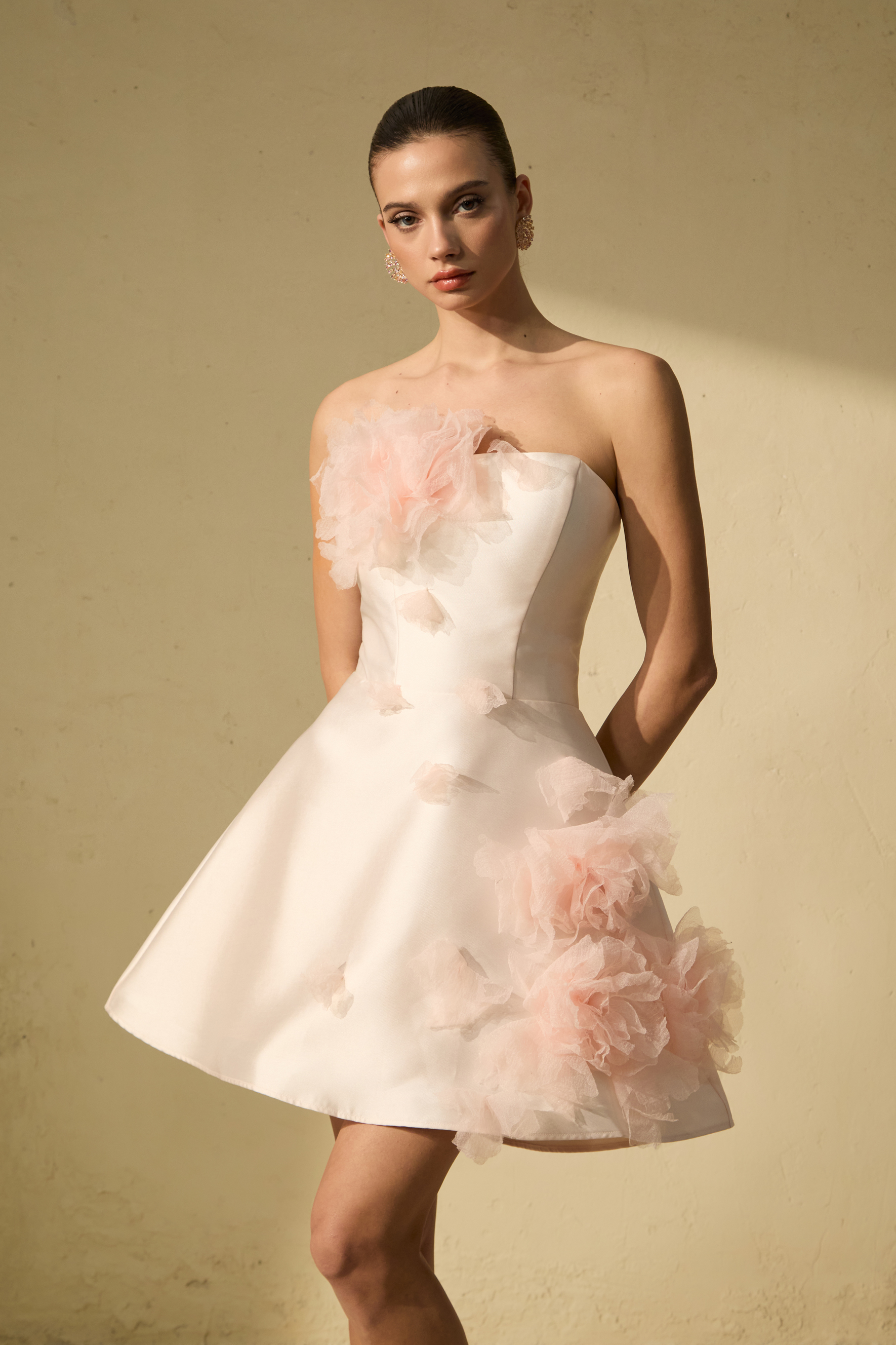 Garden Radiance Pink Floral Applique Strapless Mini Dress