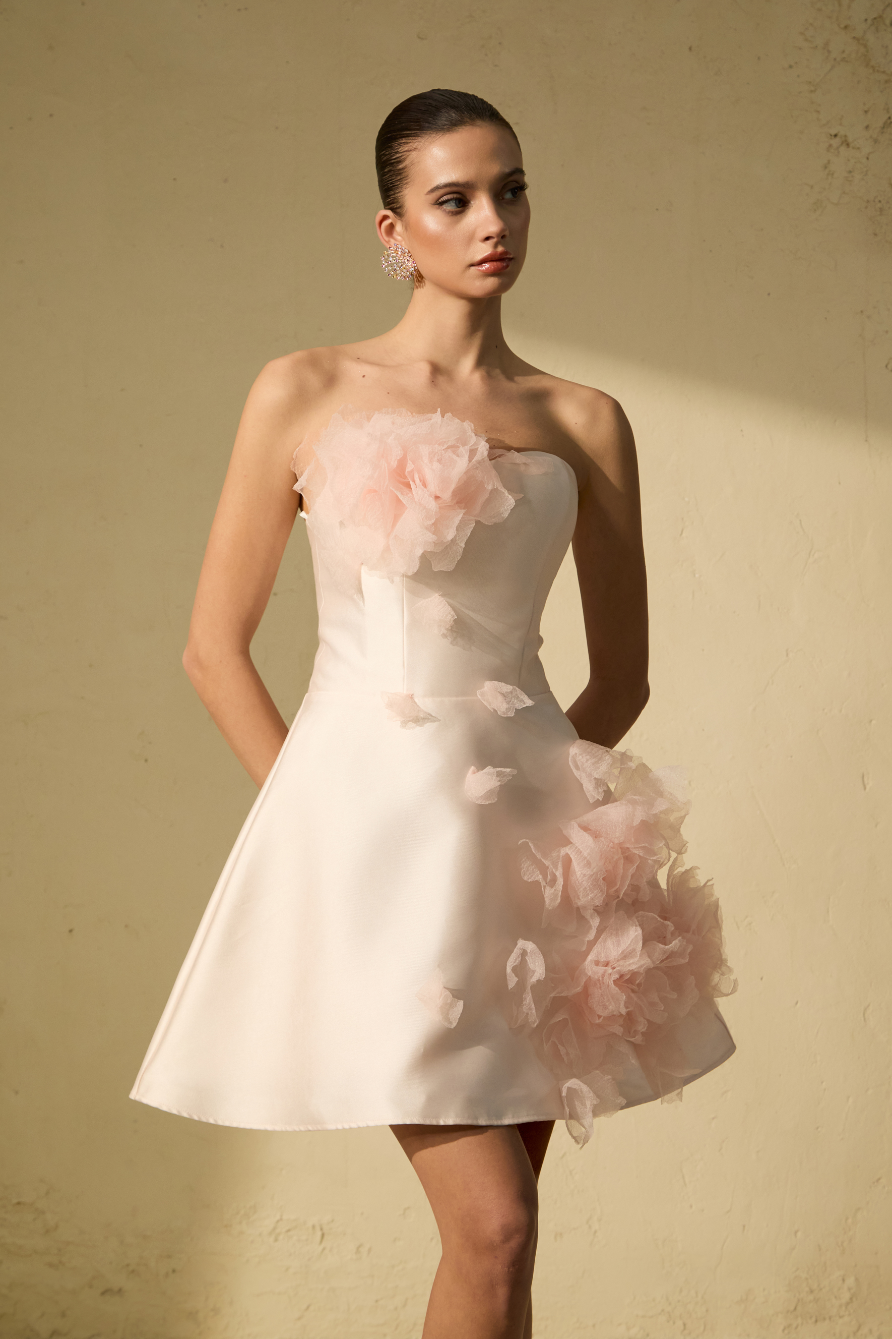 Garden Radiance Pink Floral Applique Strapless Mini Dress