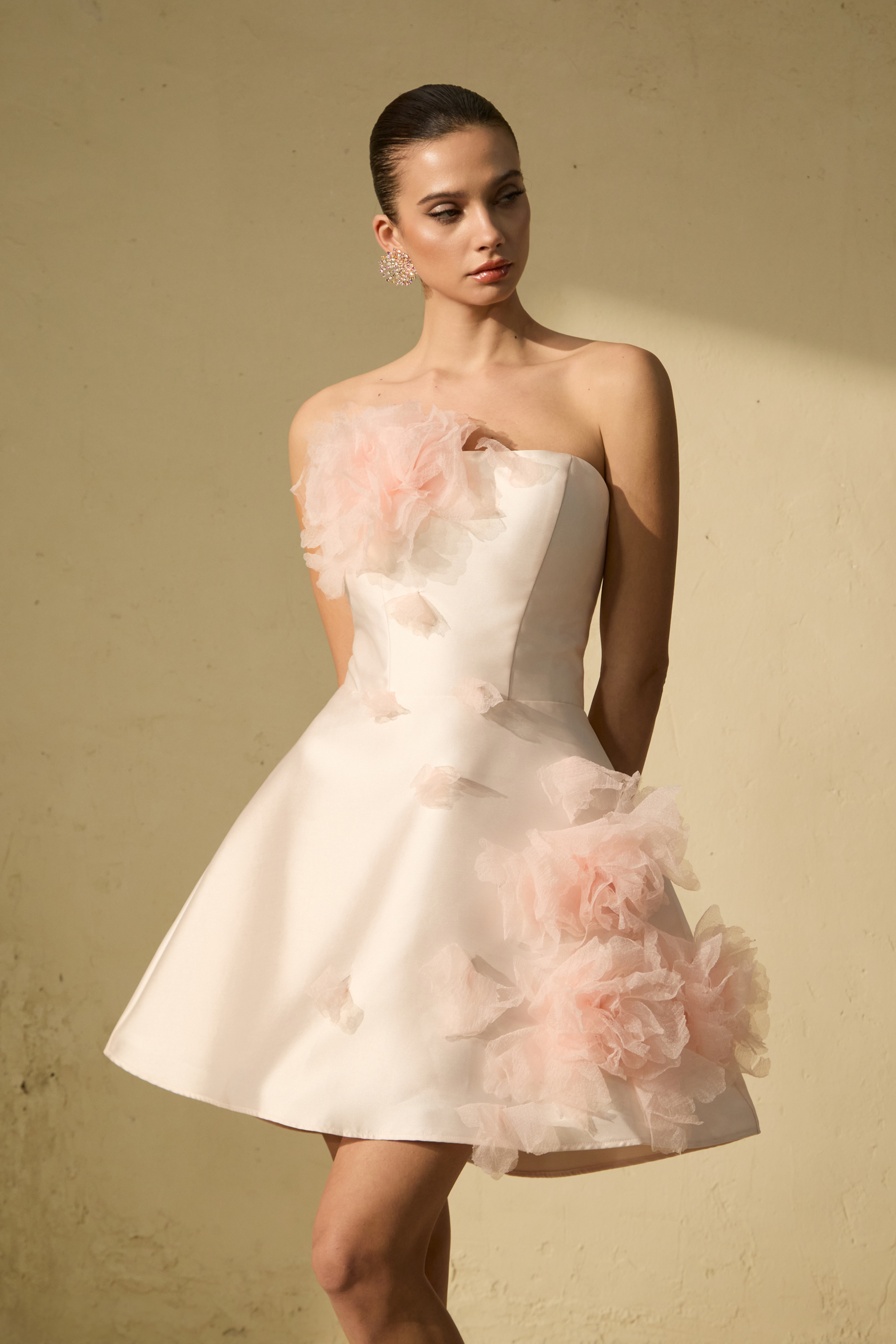 Garden Radiance Pink Floral Applique Strapless Mini Dress