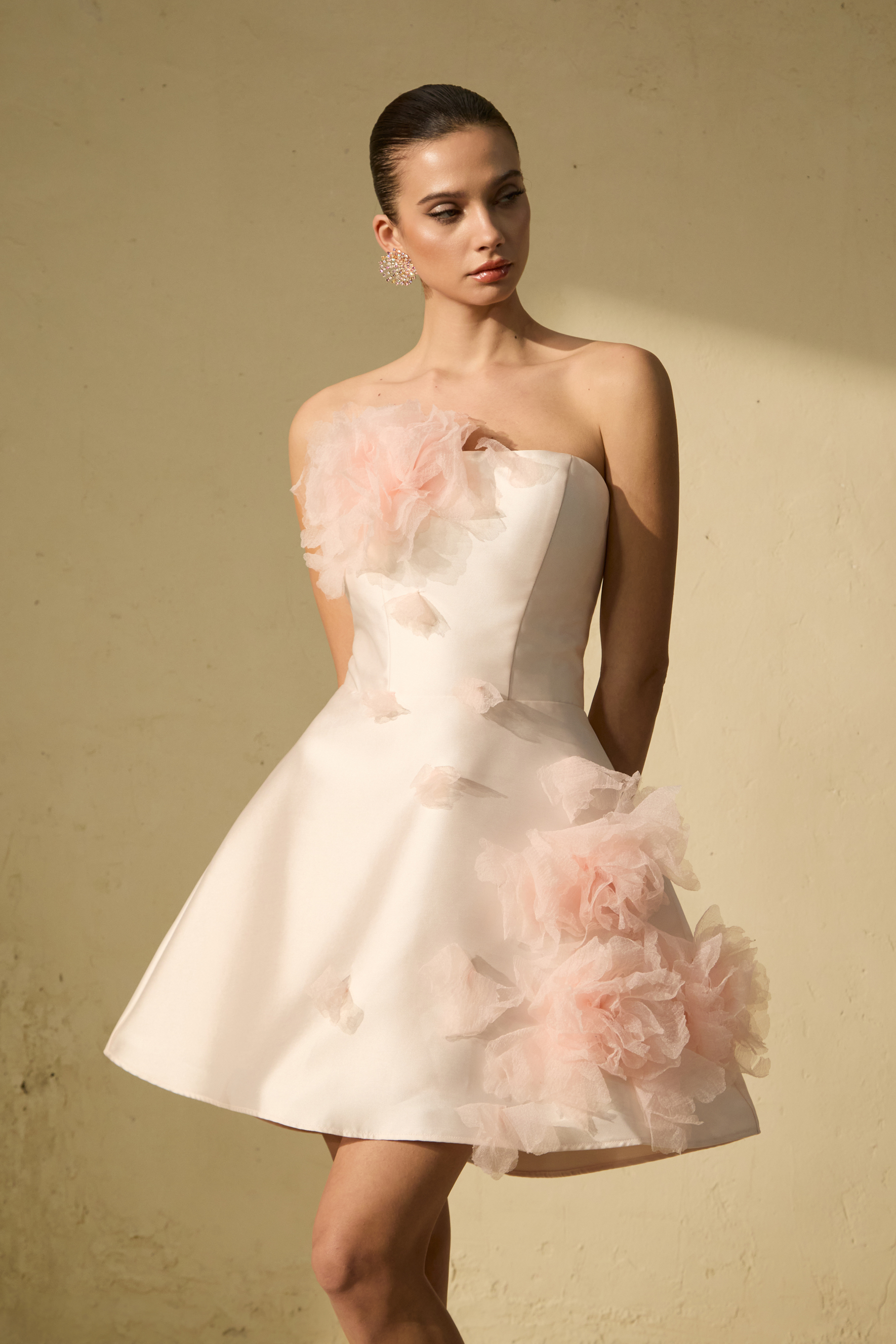 Garden Radiance Pink Floral Applique Strapless Mini Dress