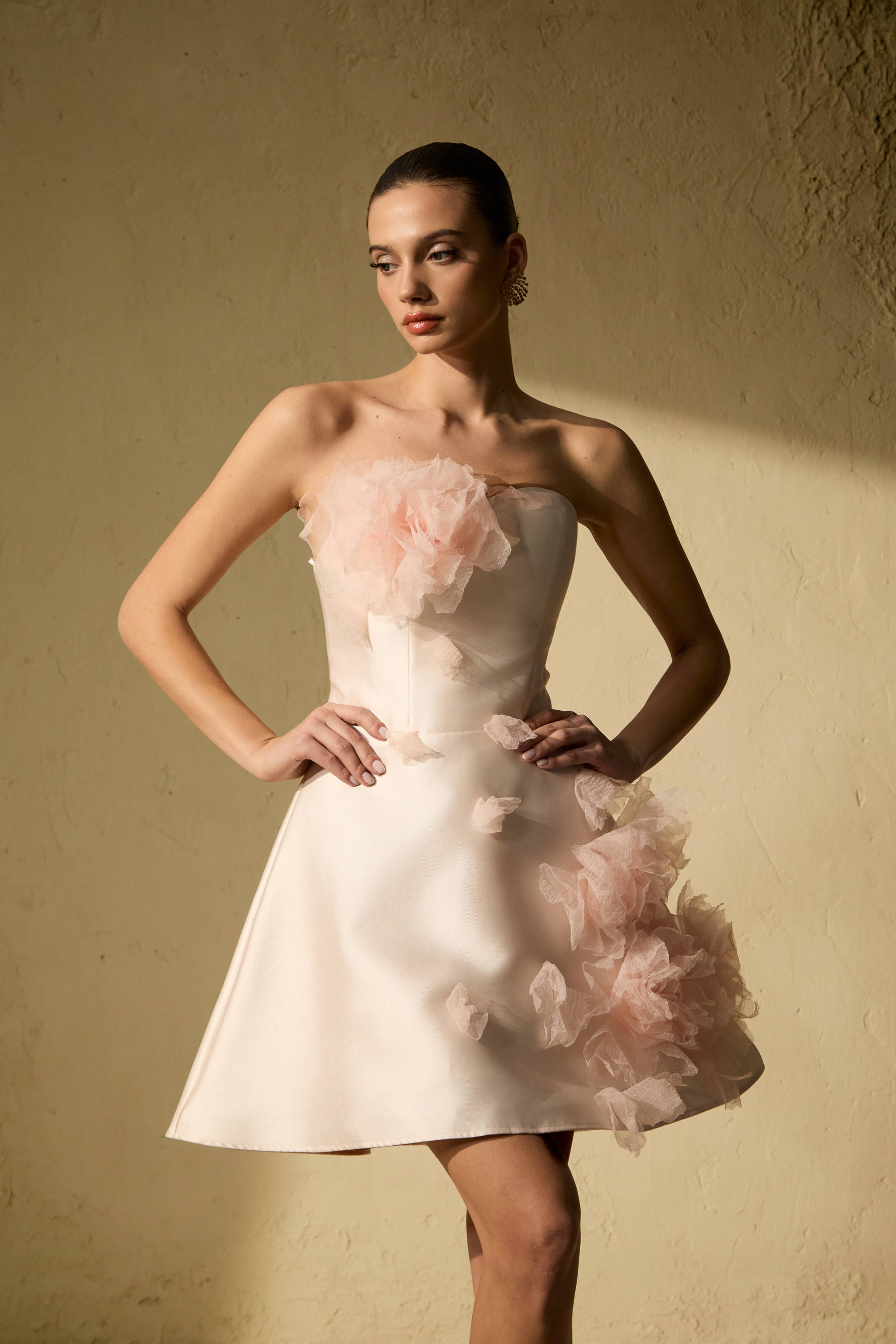 Garden Radiance Pink Floral Applique Strapless Mini Dress