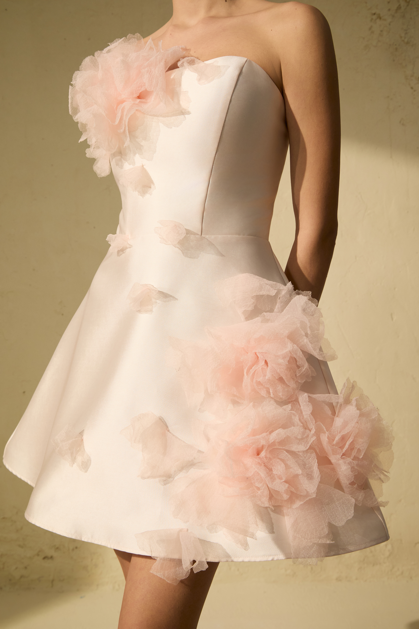 Garden Radiance Pink Floral Applique Strapless Mini Dress