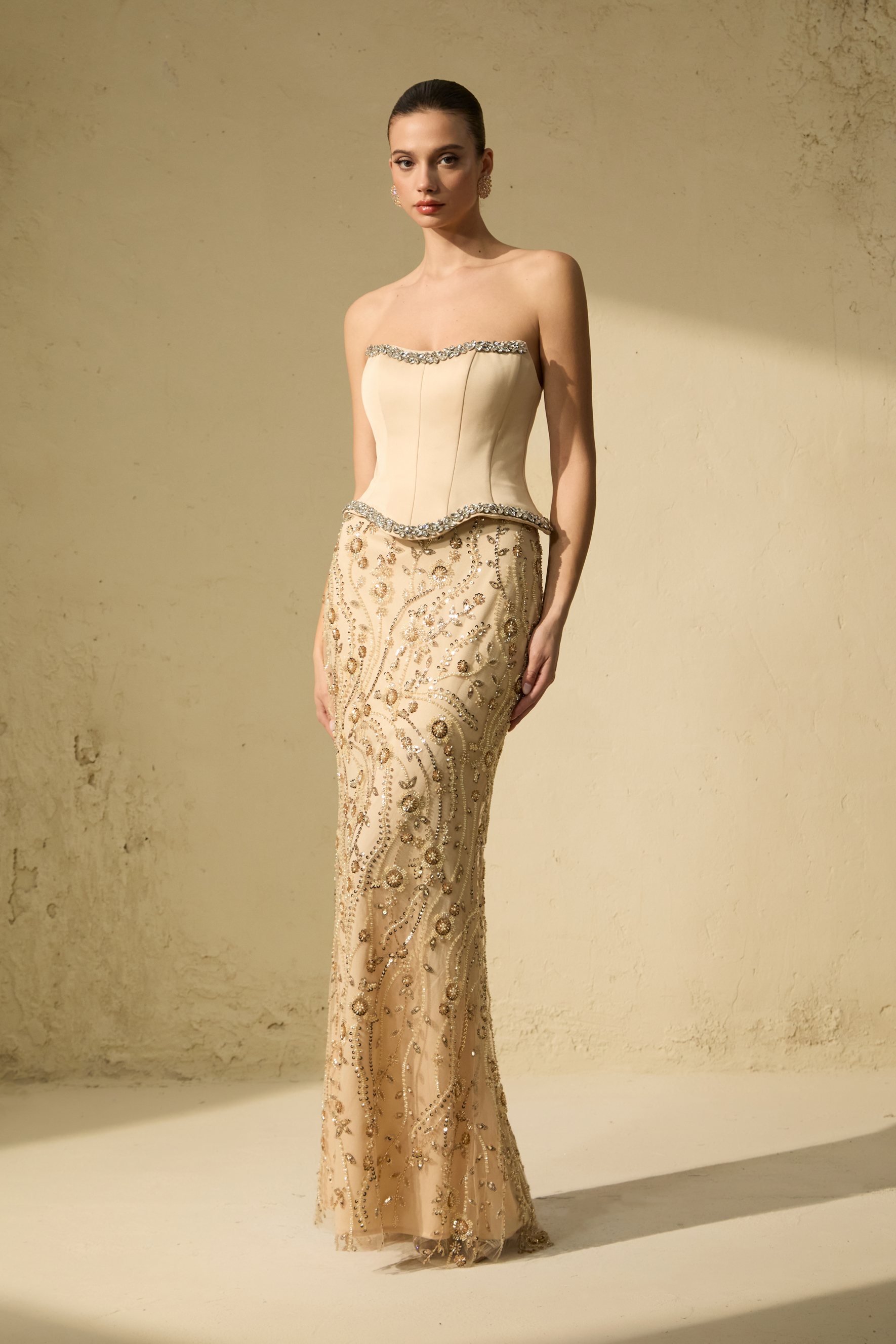 Sleek Society Nude Embroidered Strapless Corset Maxi Dress