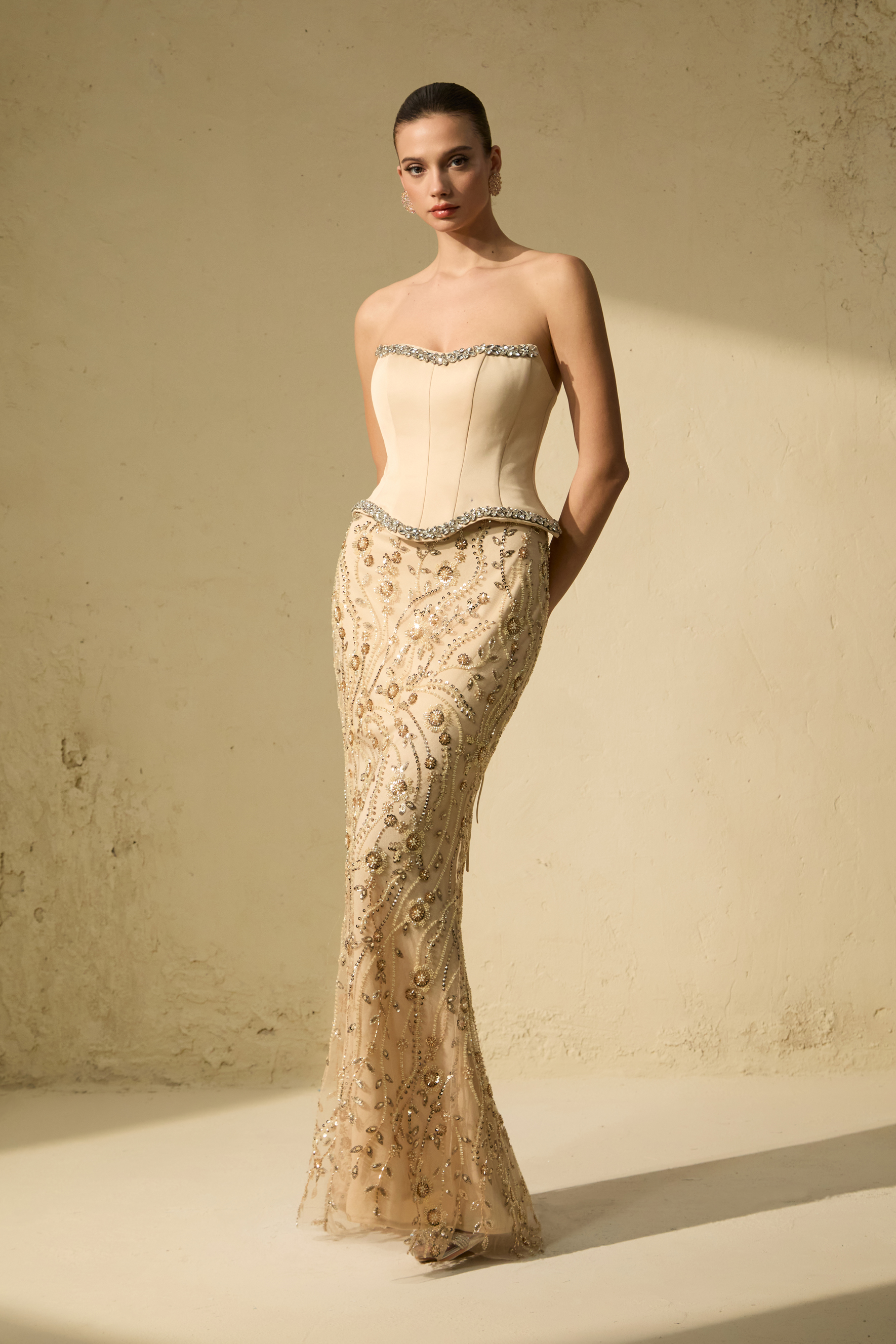 Sleek Society Nude Embroidered Strapless Corset Maxi Dress