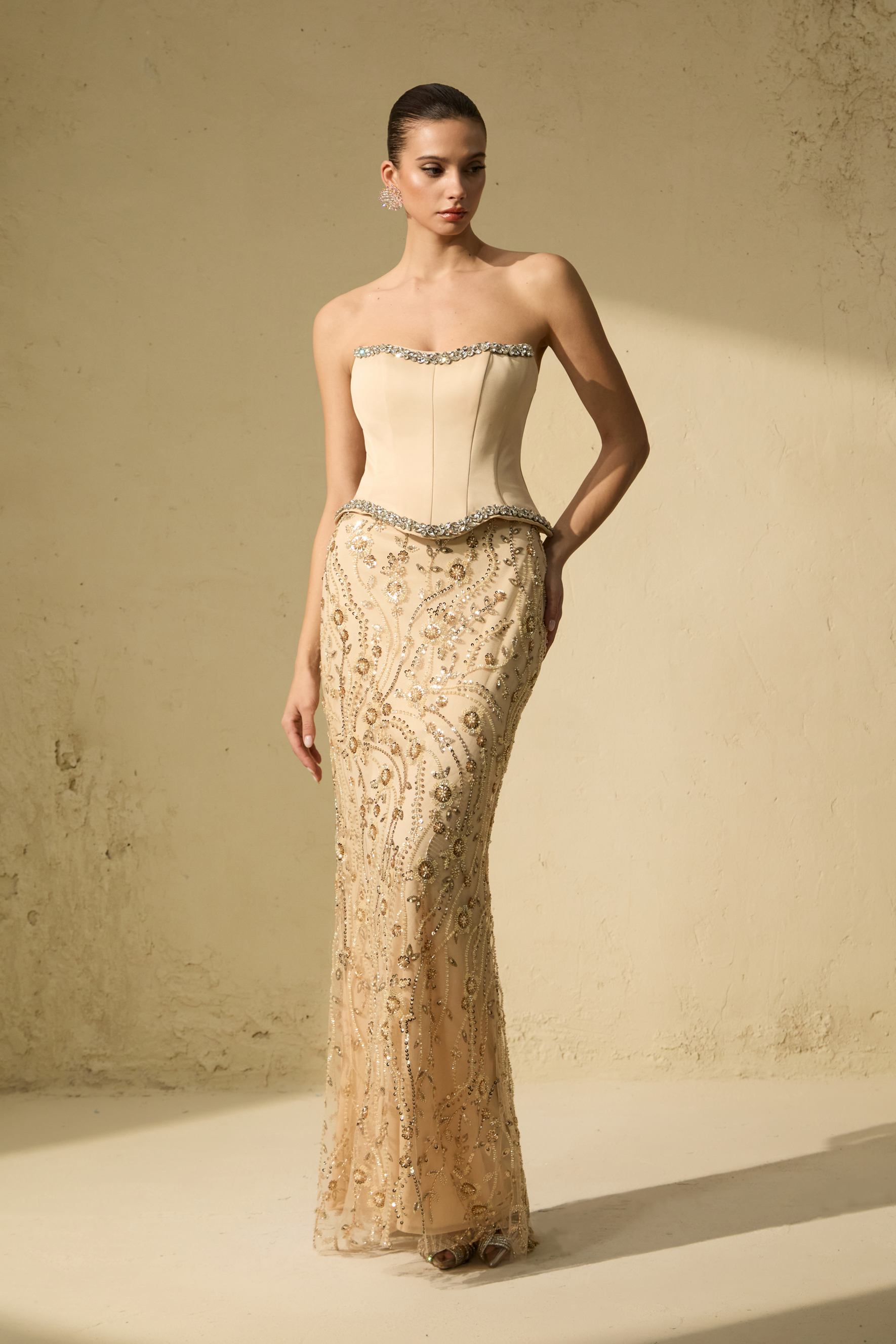 Sleek Society Nude Embroidered Strapless Corset Maxi Dress
