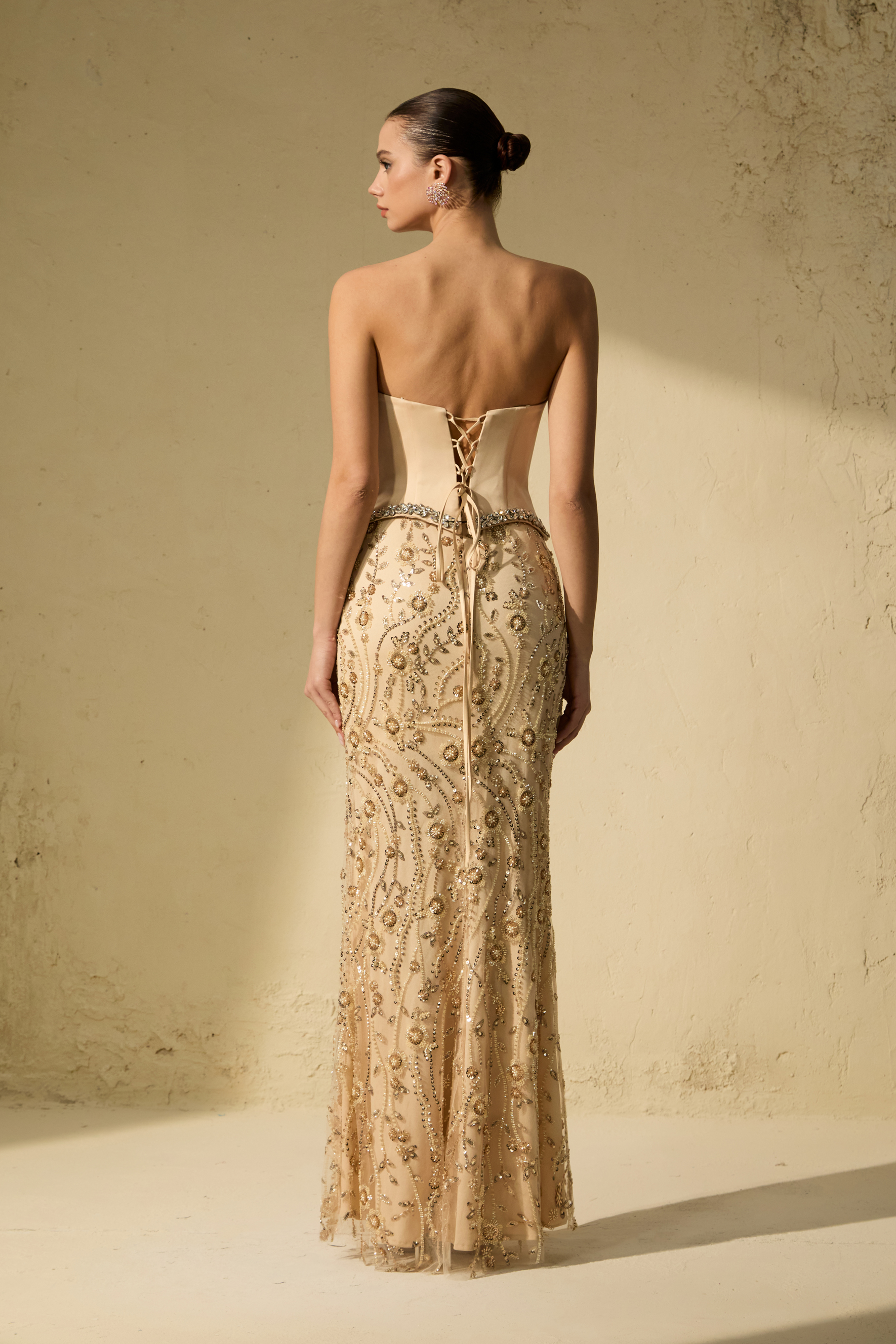 Sleek Society Nude Embroidered Strapless Corset Maxi Dress