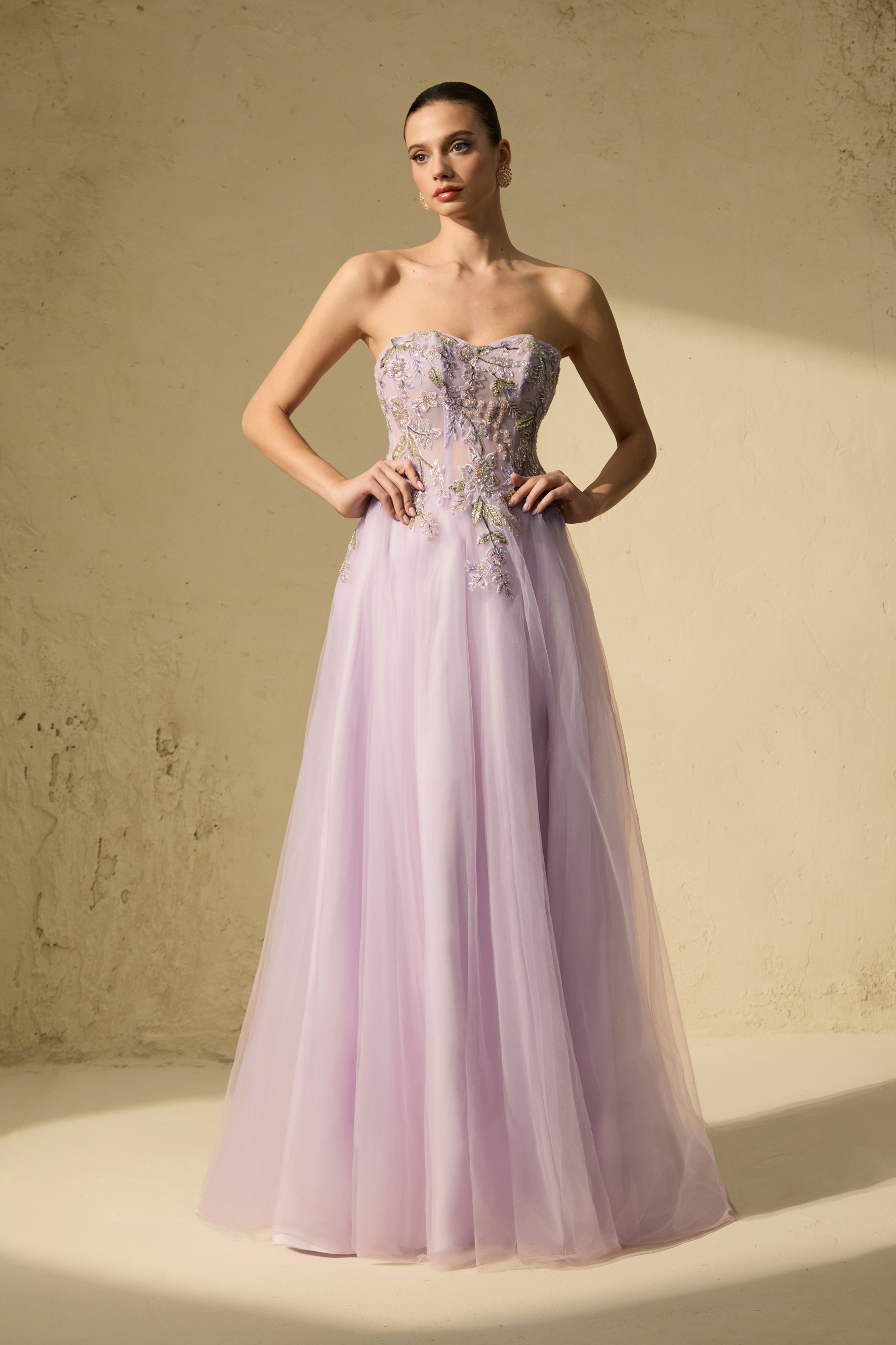 Seasonal Bloom Purple Strapless Embroidered Floral Maxi Dress