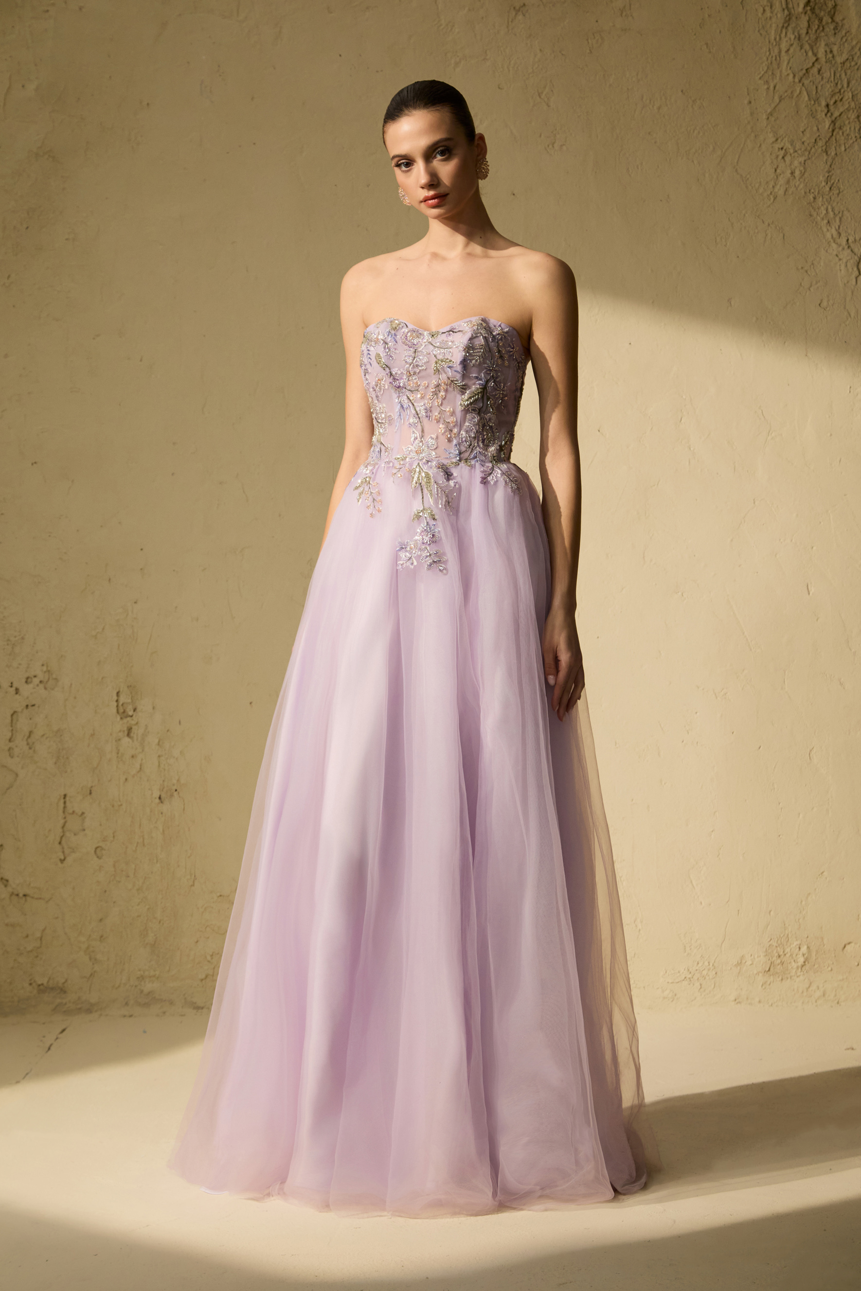 Seasonal Bloom Purple Strapless Embroidered Floral Maxi Dress