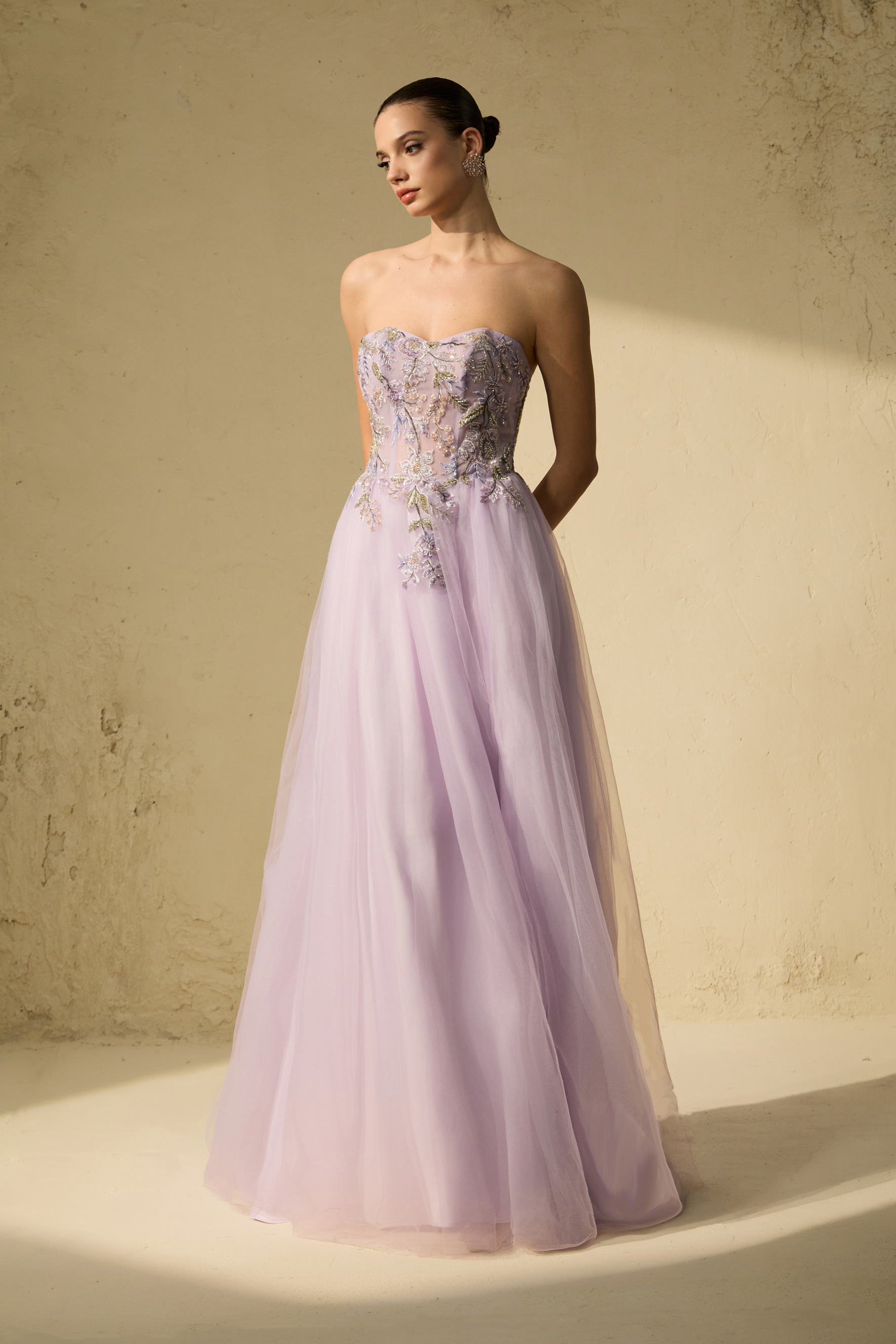 Seasonal Bloom Purple Strapless Embroidered Floral Maxi Dress