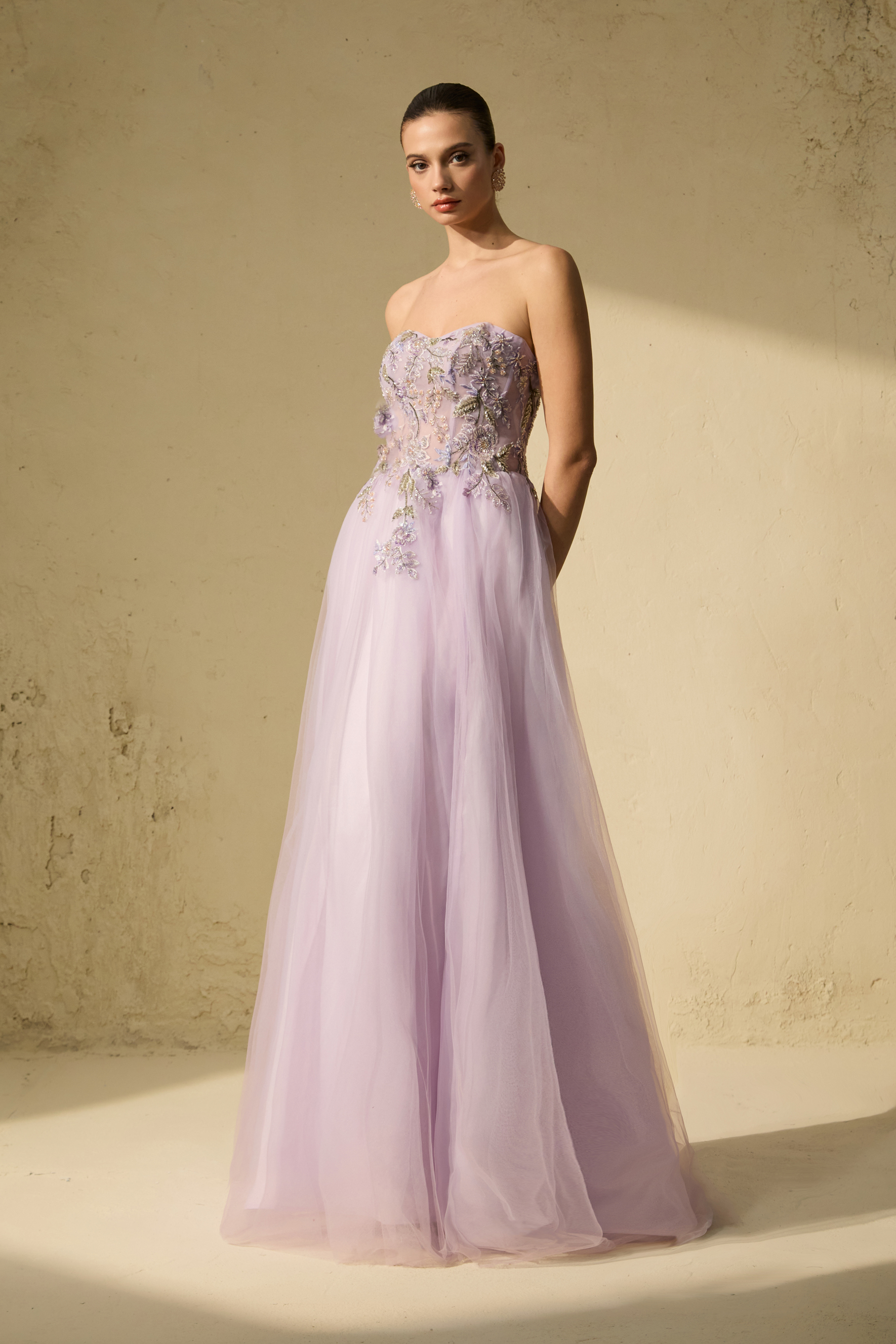 Seasonal Bloom Purple Strapless Embroidered Floral Maxi Dress