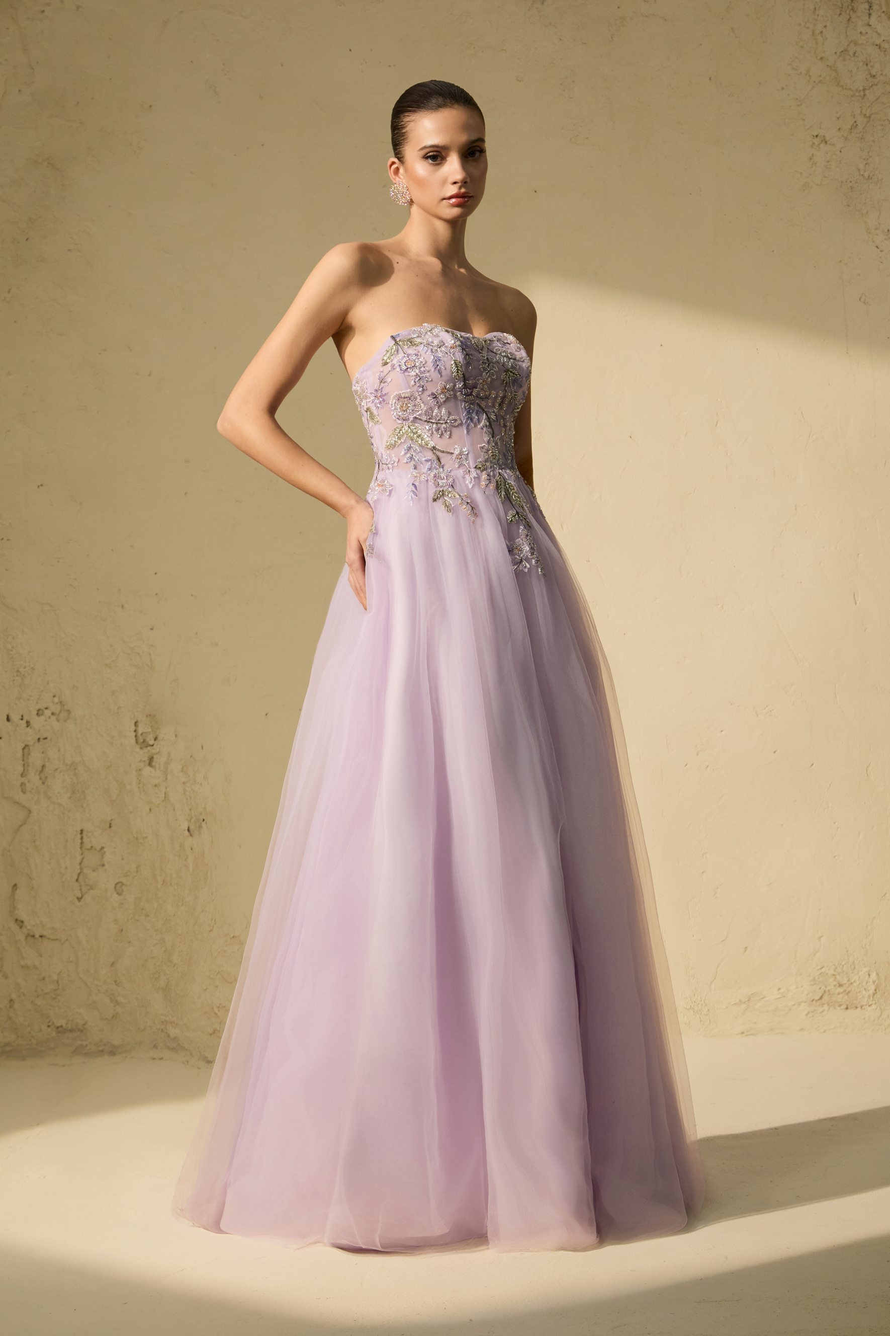 Seasonal Bloom Purple Strapless Embroidered Floral Maxi Dress