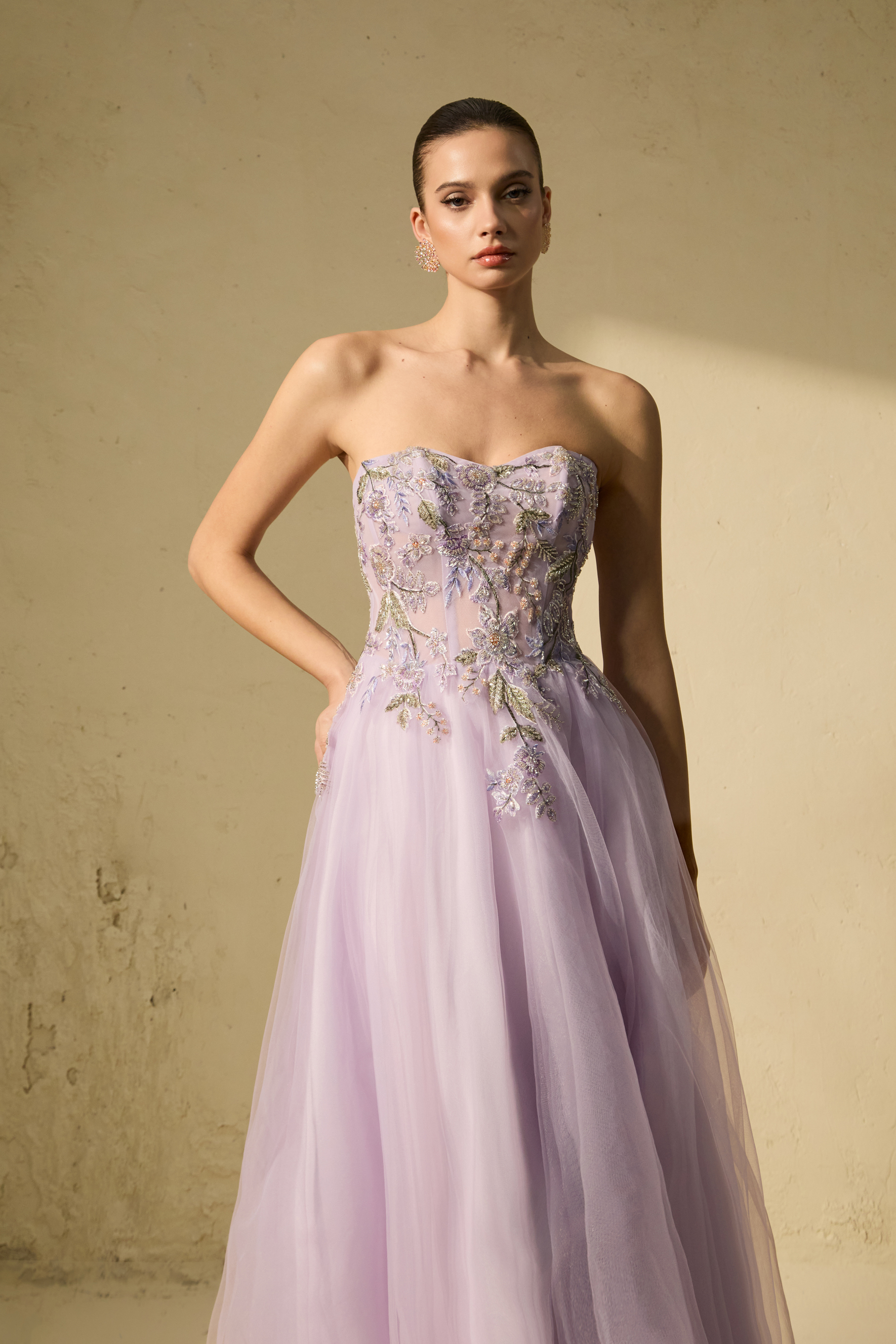 Seasonal Bloom Purple Strapless Embroidered Floral Maxi Dress