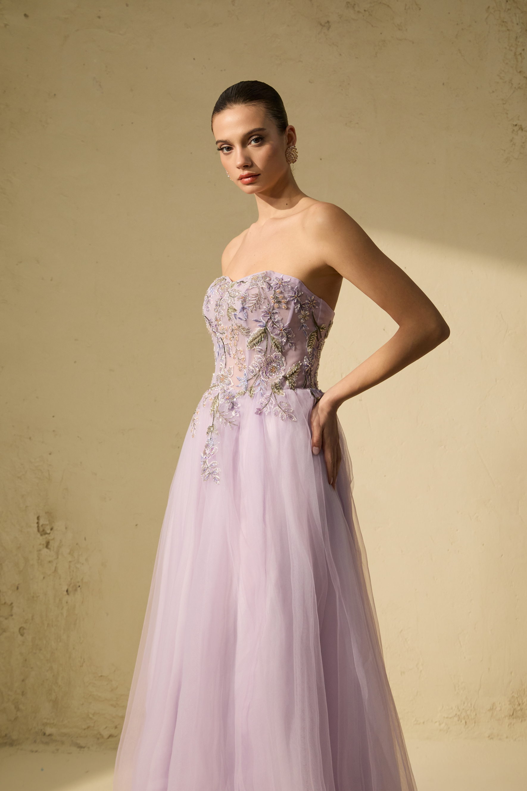 Seasonal Bloom Purple Strapless Embroidered Floral Maxi Dress