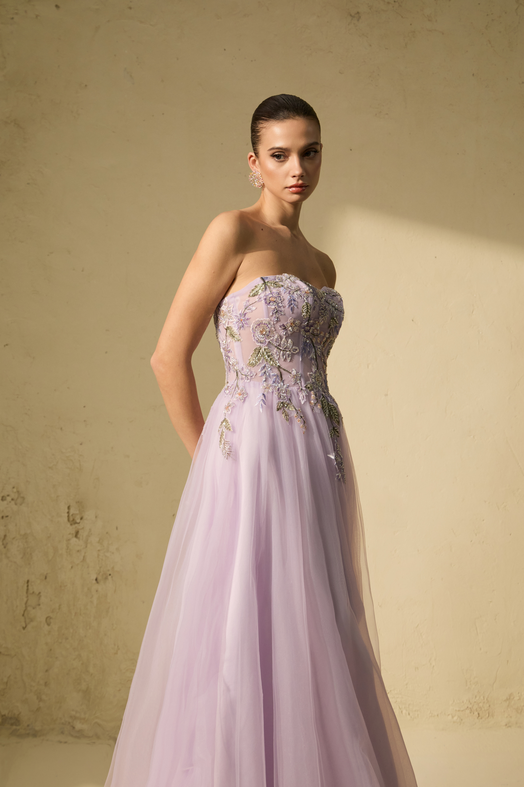 Seasonal Bloom Purple Strapless Embroidered Floral Maxi Dress