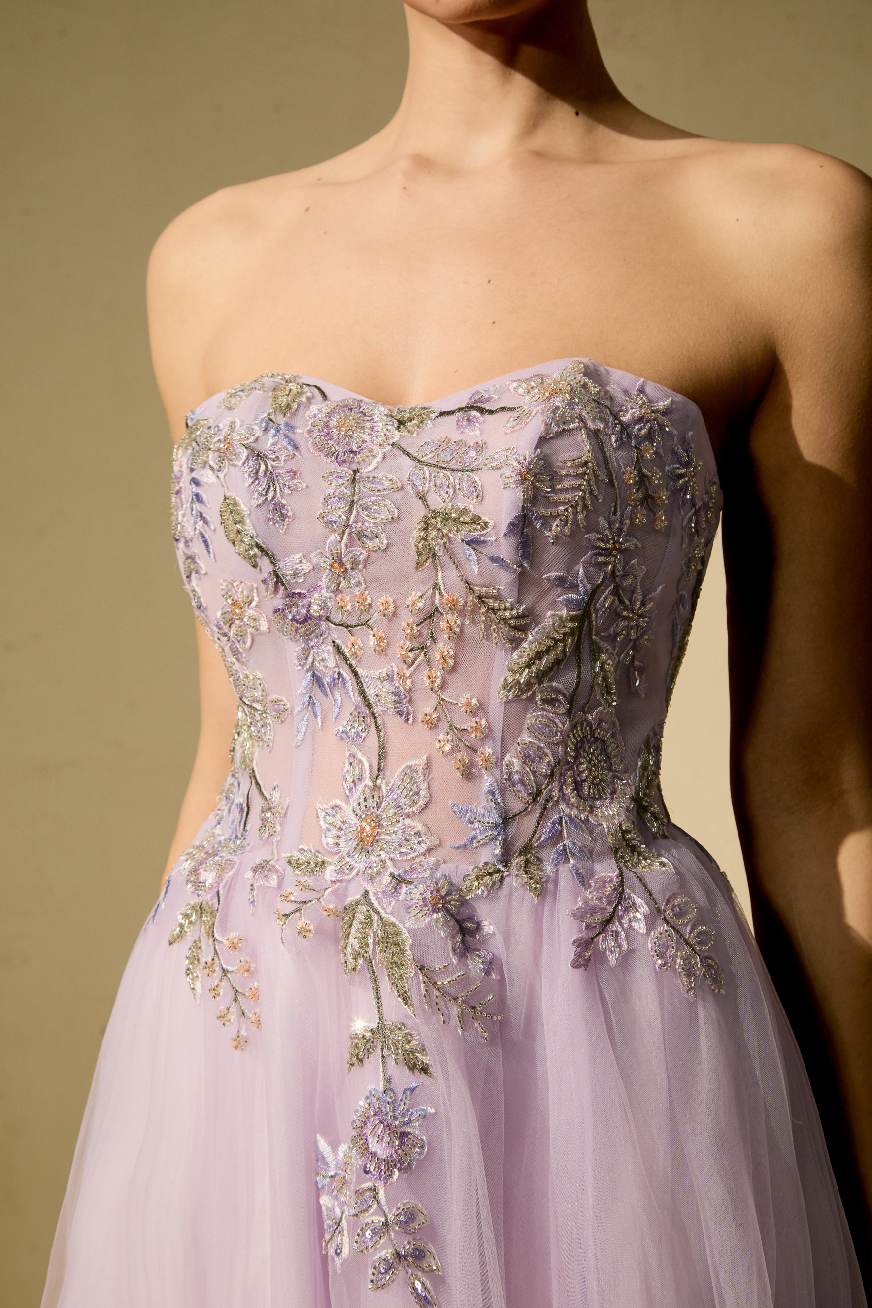 Seasonal Bloom Purple Strapless Embroidered Floral Maxi Dress