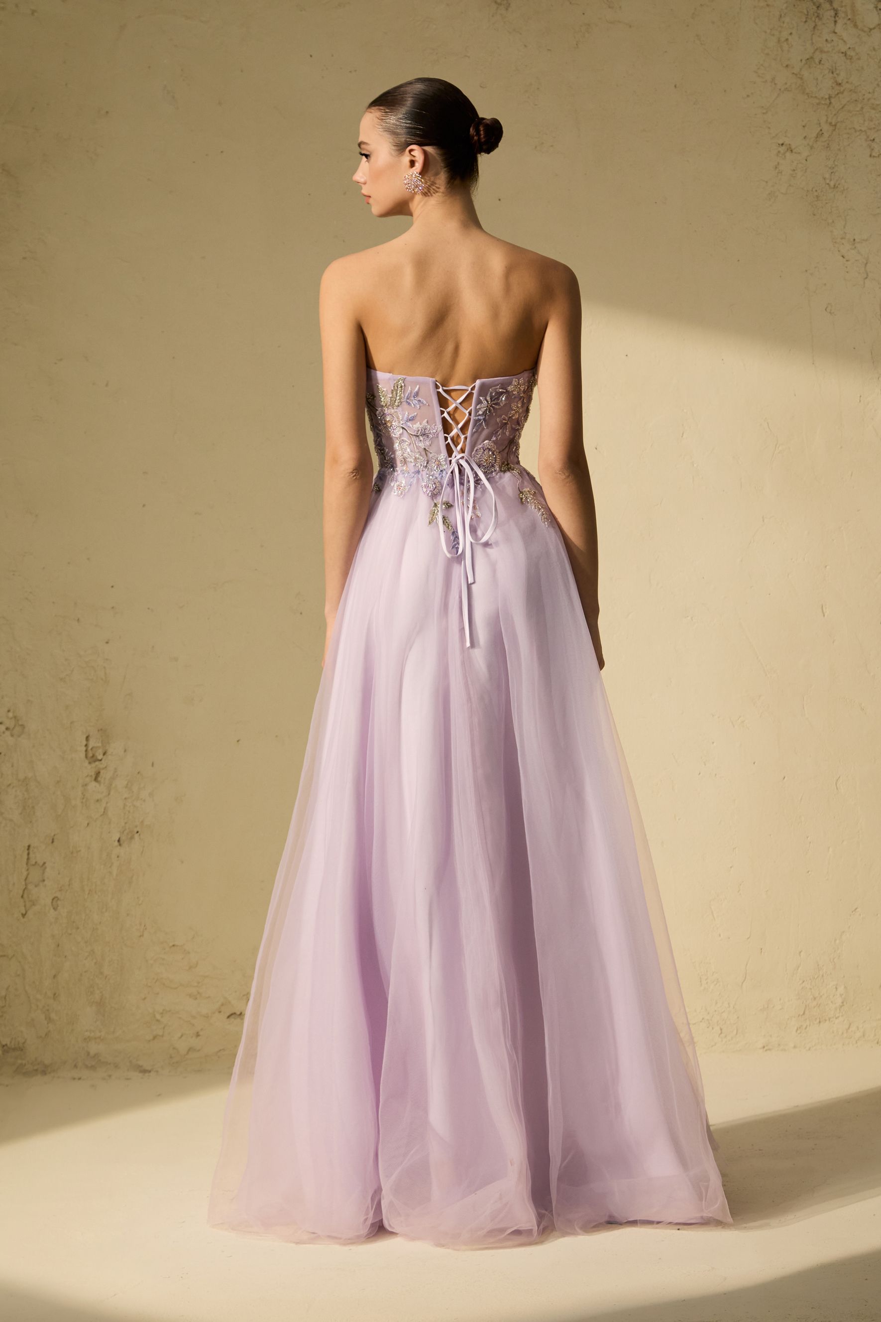 Seasonal Bloom Purple Strapless Embroidered Floral Maxi Dress