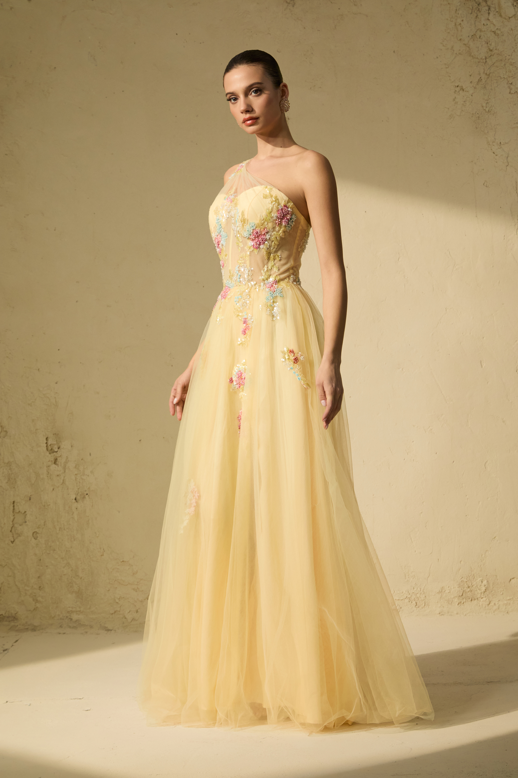 Glamorous Sweetie Yellow One-Shoulder Floral Embroidered Maxi Dress