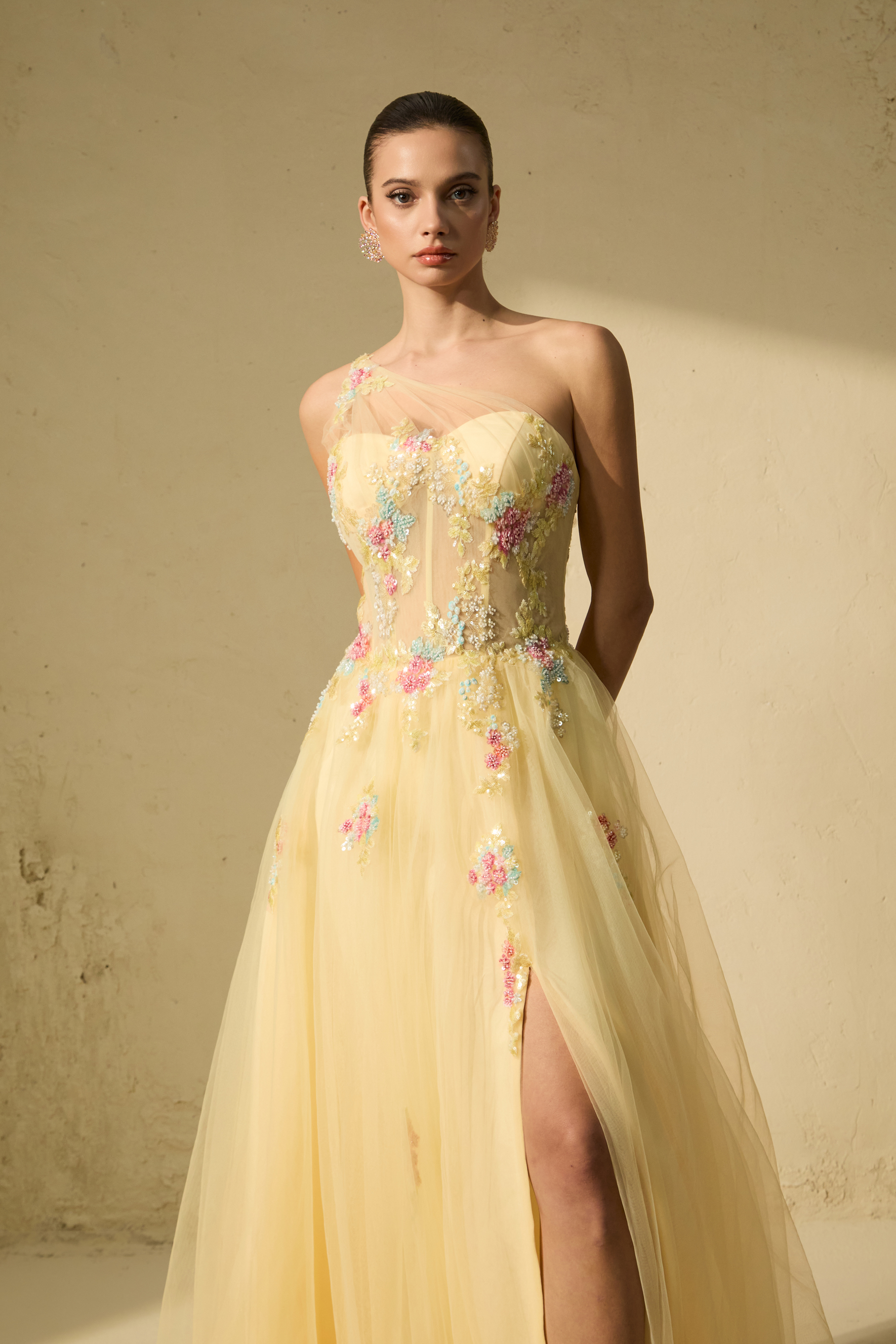 Glamorous Sweetie Yellow One-Shoulder Floral Embroidered Maxi Dress