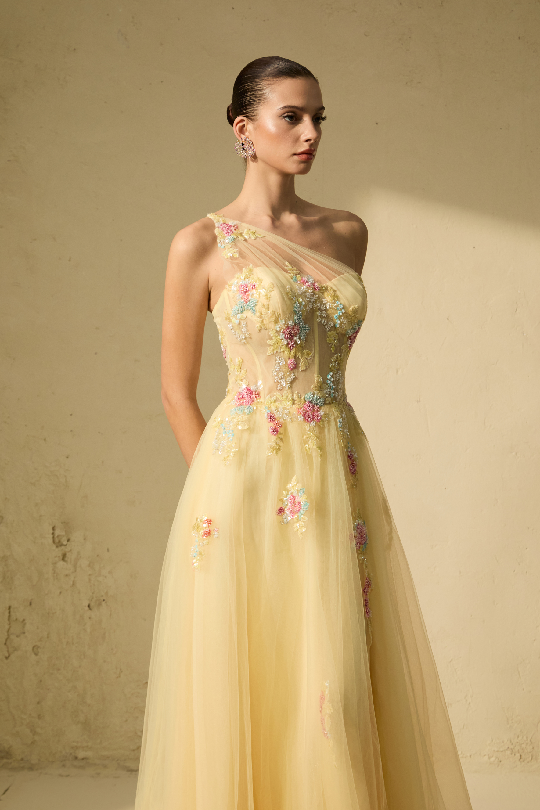 Glamorous Sweetie Yellow One-Shoulder Floral Embroidered Maxi Dress
