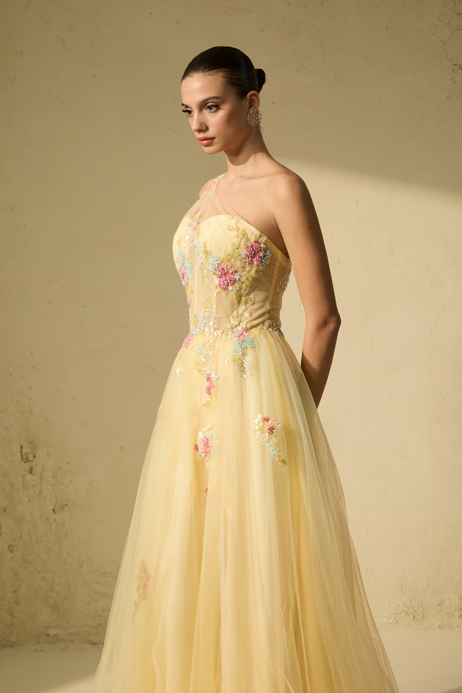 Glamorous Sweetie Yellow One-Shoulder Floral Embroidered Maxi Dress
