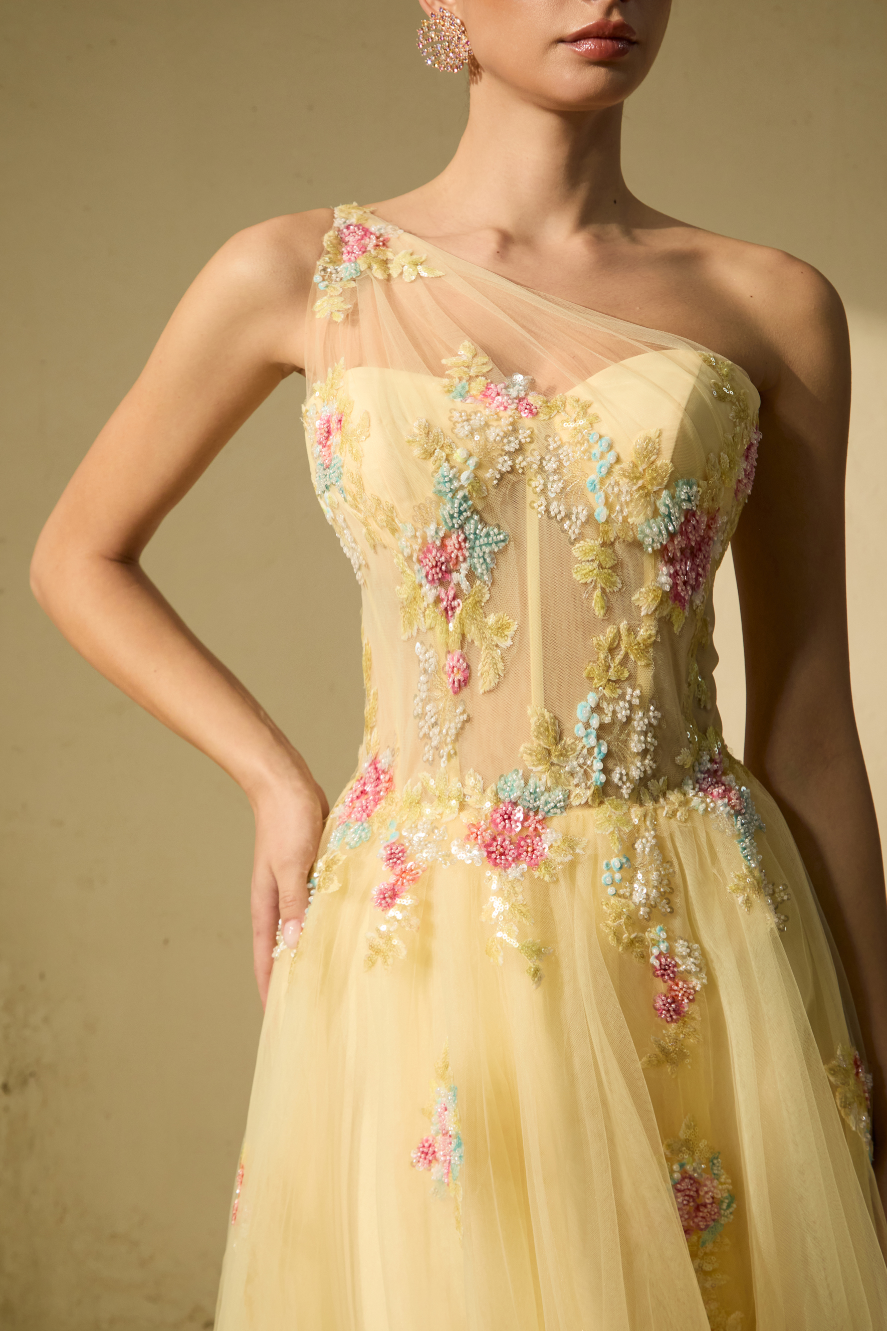 Glamorous Sweetie Yellow One-Shoulder Floral Embroidered Maxi Dress