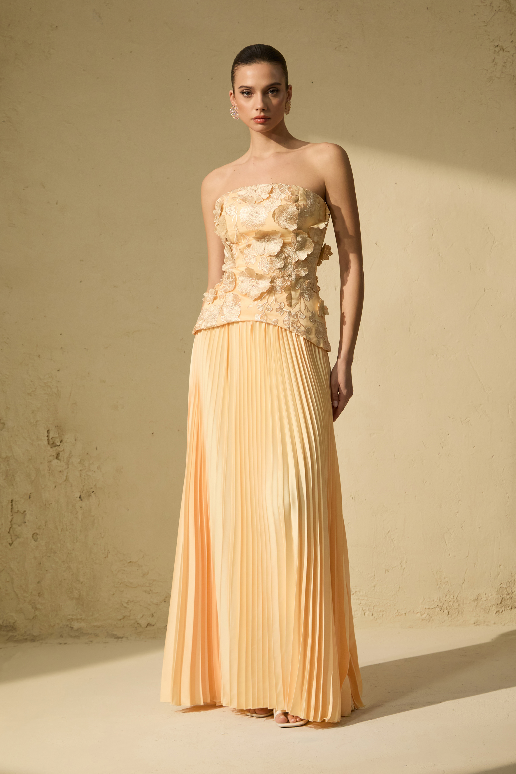 Glistening Grandeur Yellow Floral Applique Corset Top & Pleated Skirt Set